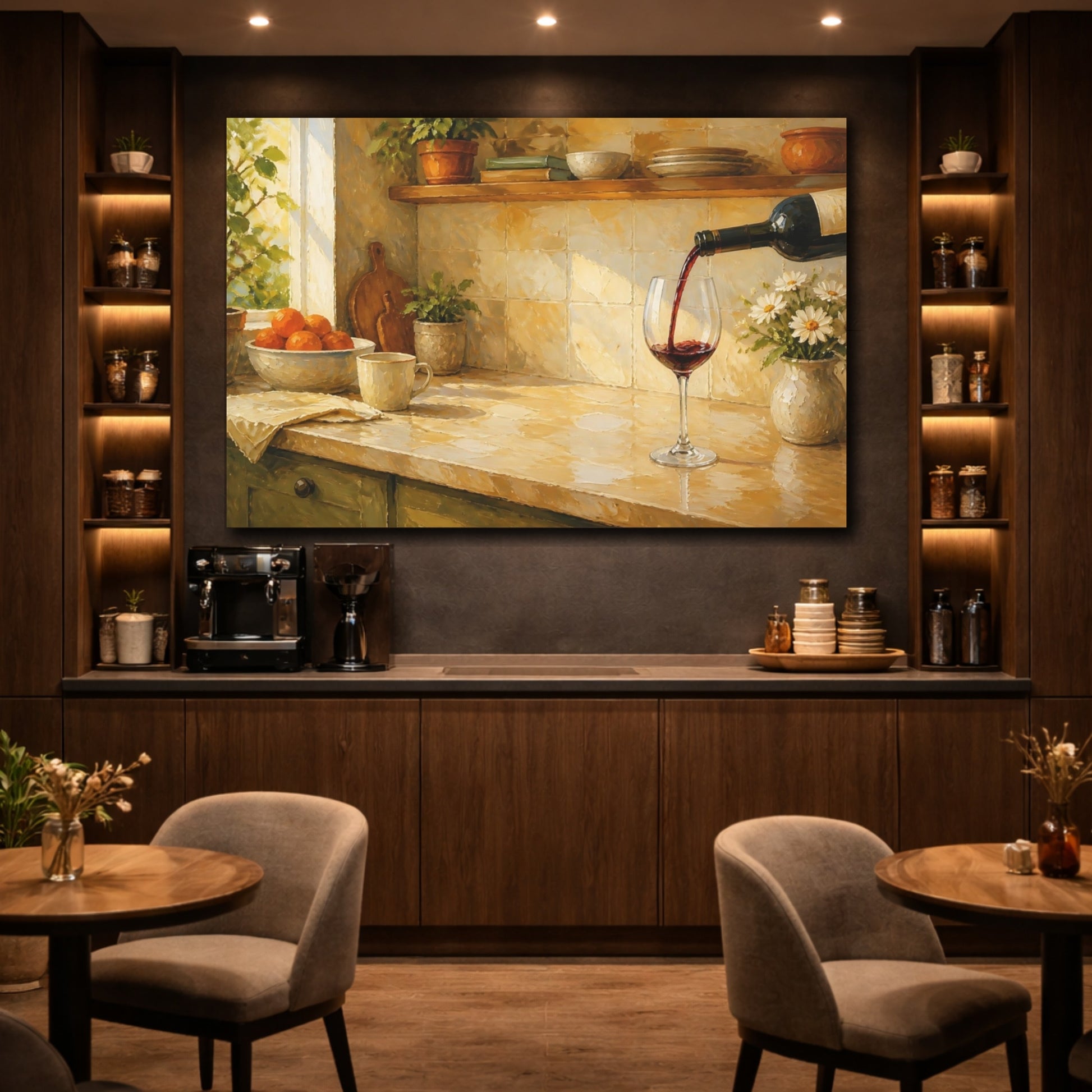 Mockup 4. Nature Wine Pour Warm Kitchen shown as stretched canvas wall art