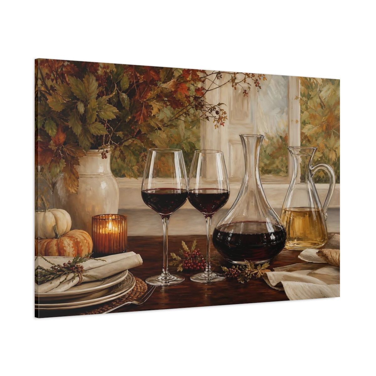 Side Mockup 1. Nature Wine Setting Autumn Still Life shown as stretched canvas wall art