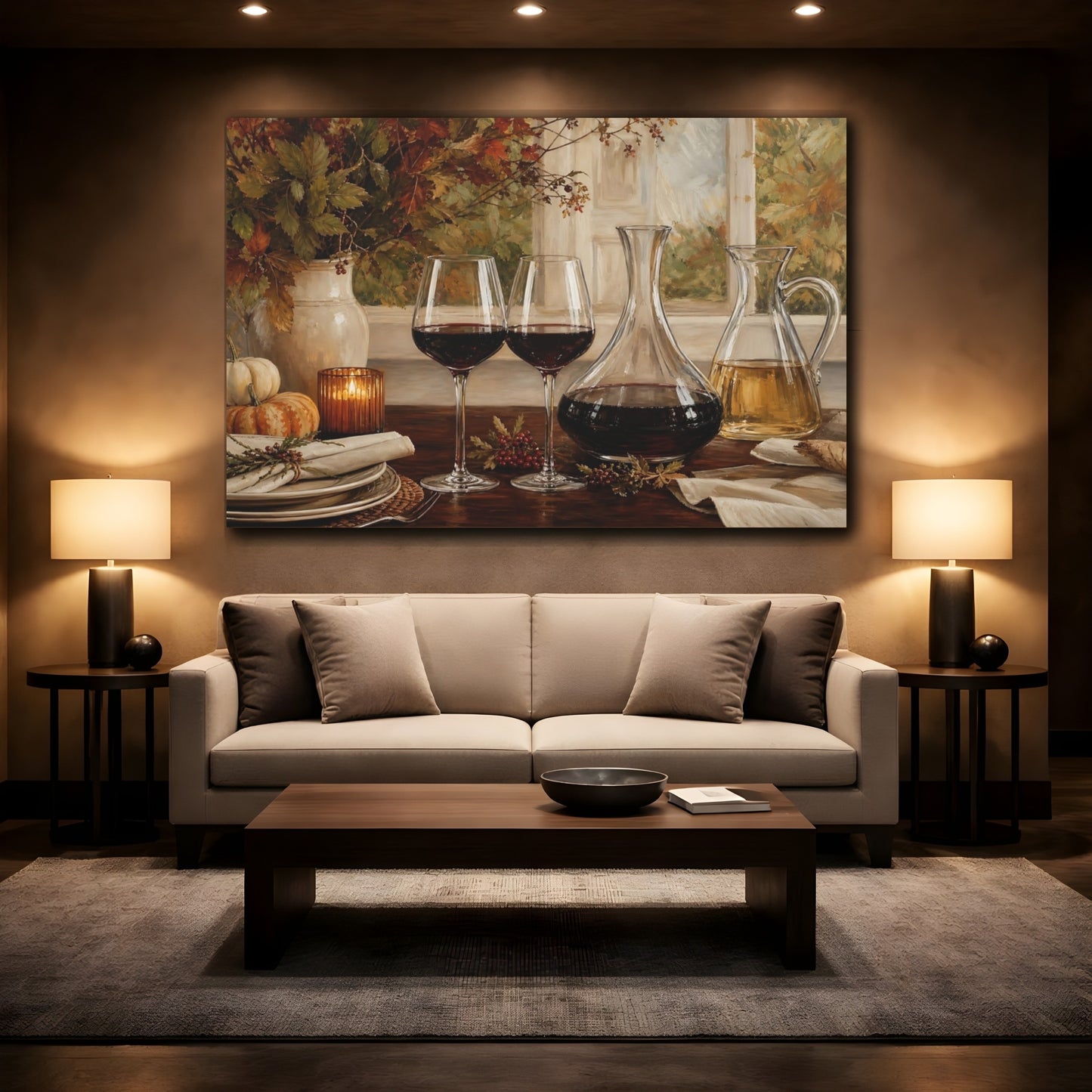 Mockup 3. Nature Wine Setting Autumn Still Life shown as stretched canvas wall art