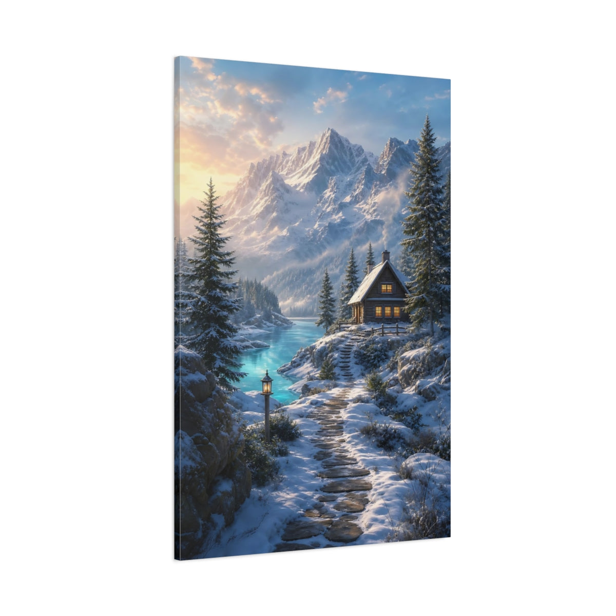 Side Mockup 1. Nature Winter Cabin Winter Blue shown as stretched canvas wall art