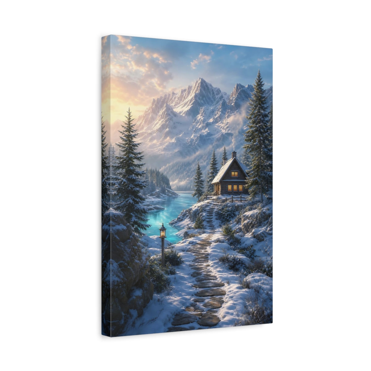 Side Mockup 4. Nature Winter Cabin Winter Blue shown as stretched canvas wall art