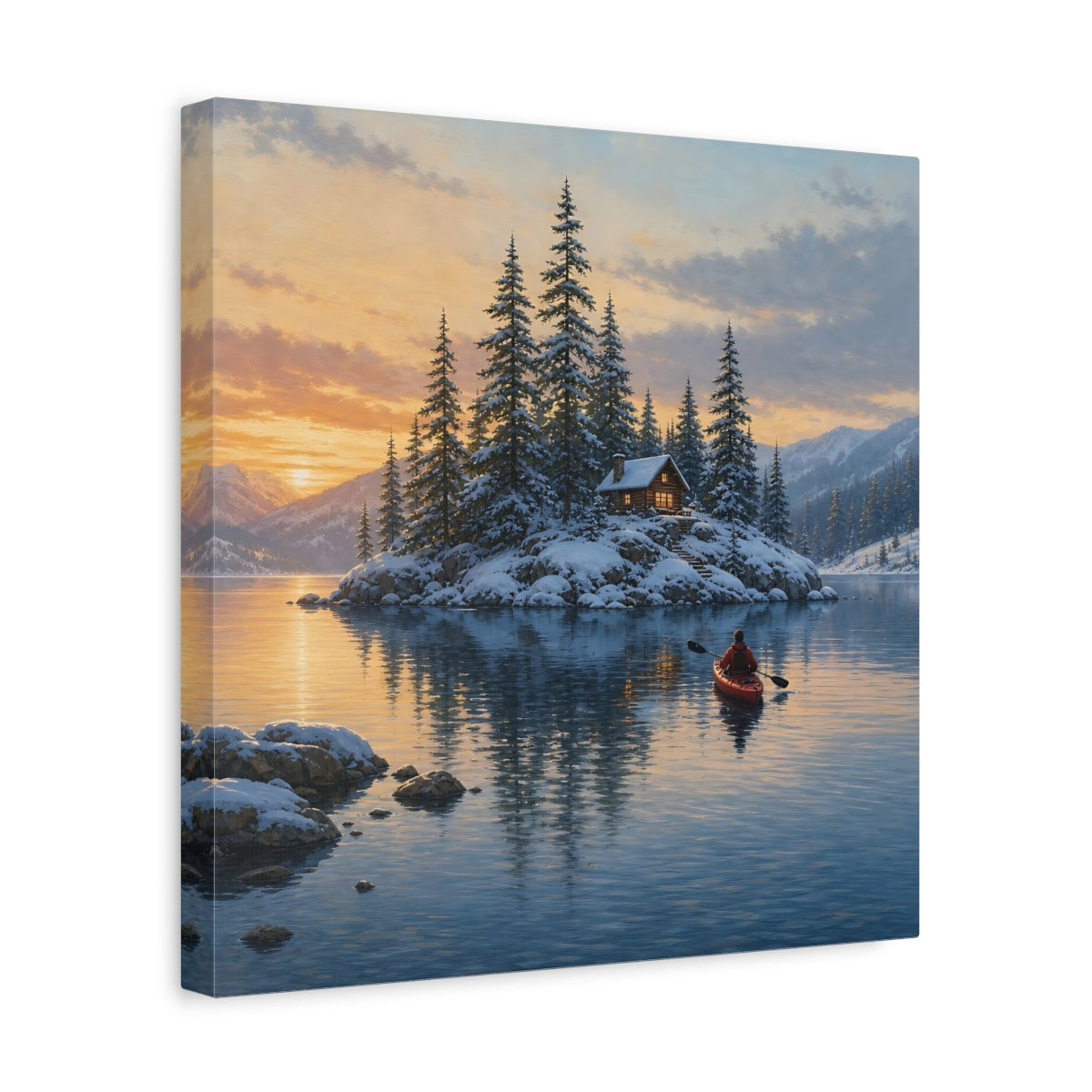 Side Mockup 7. Nature Winter Cabin Winter Landscape shown as stretched canvas wall art