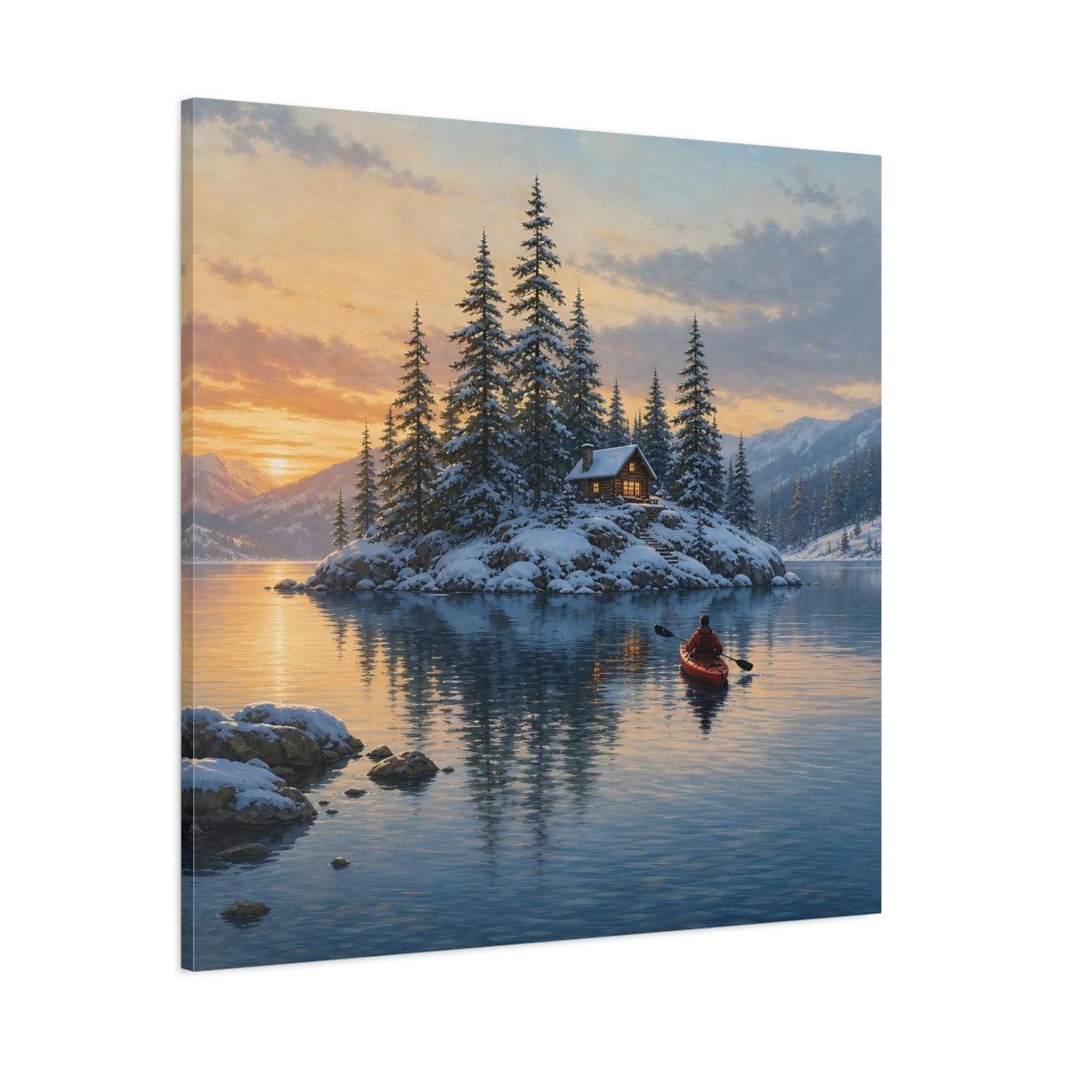 Side Mockup 1. Nature Winter Cabin Winter Landscape shown as stretched canvas wall art
