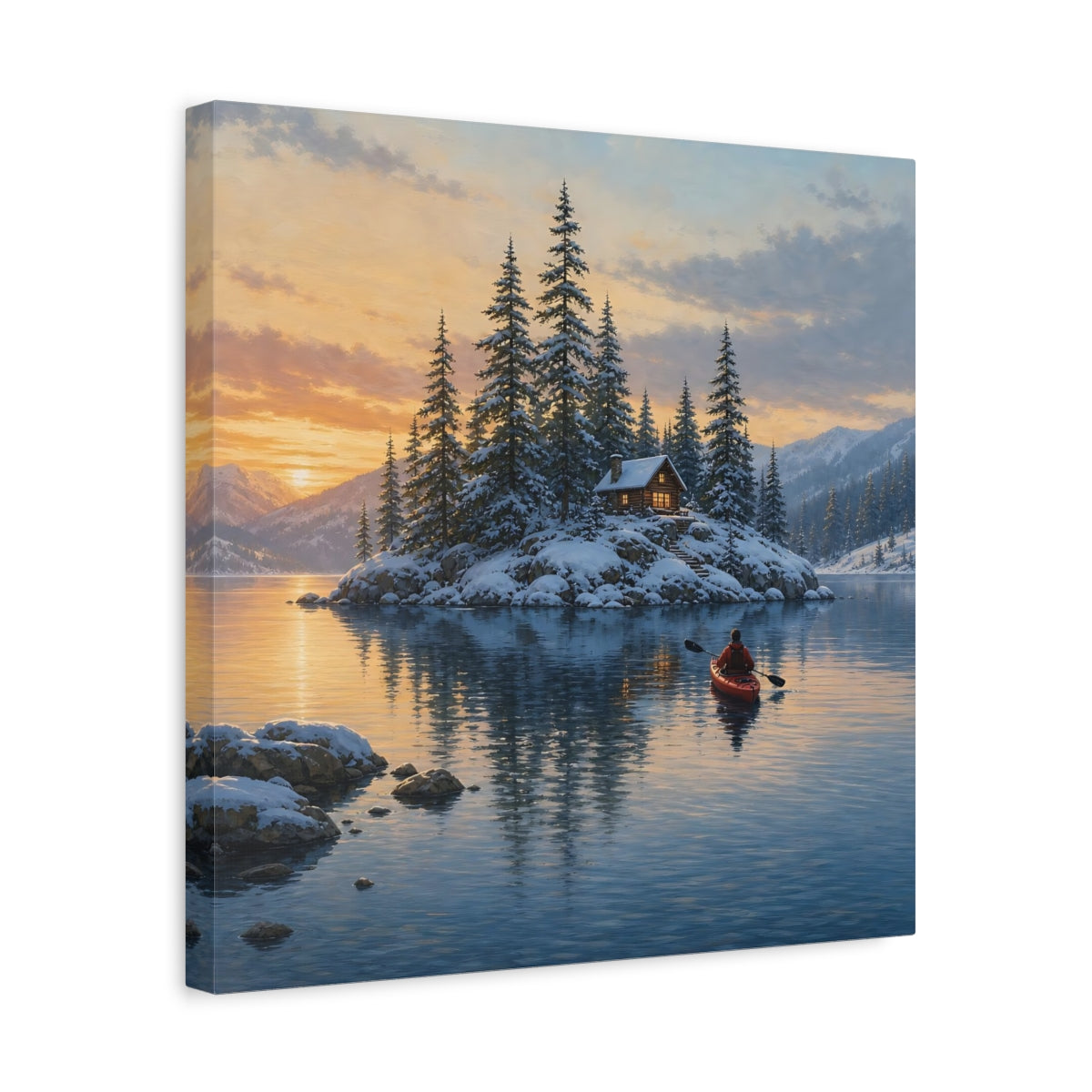 Side Mockup 6. Nature Winter Cabin Winter Landscape shown as stretched canvas wall art