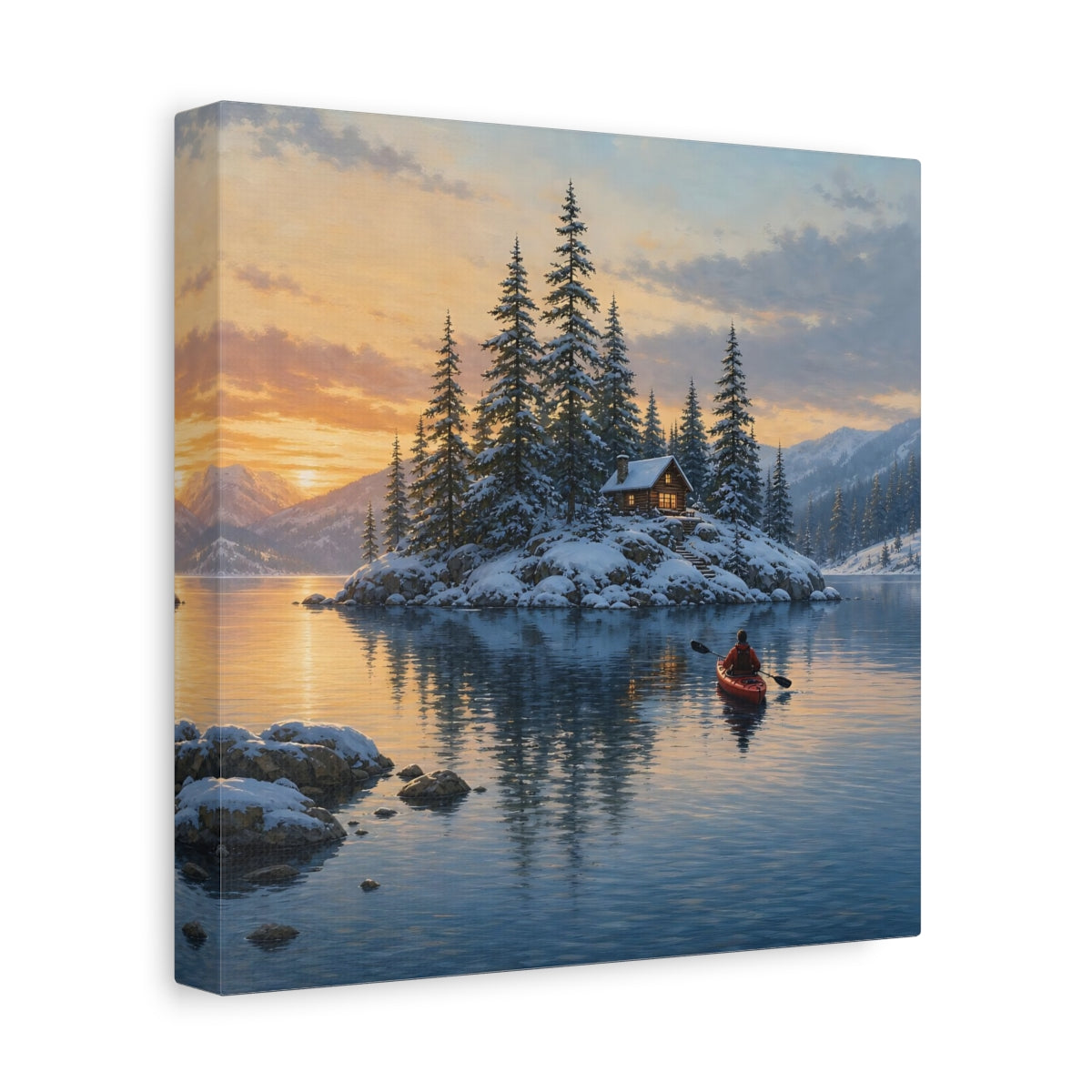 Side Mockup 9. Nature Winter Cabin Winter Landscape shown as stretched canvas wall art