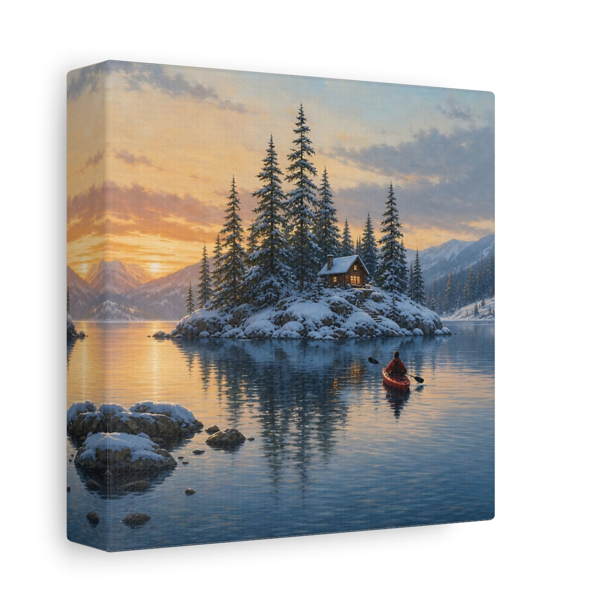 Side Mockup 2. Nature Winter Cabin Winter Landscape shown as stretched canvas wall art