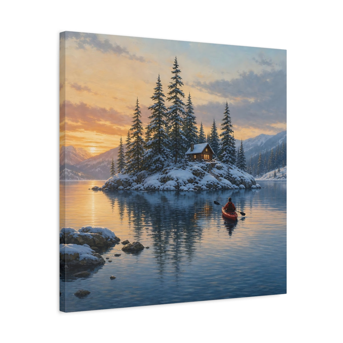 Side Mockup 4. Nature Winter Cabin Winter Landscape shown as stretched canvas wall art