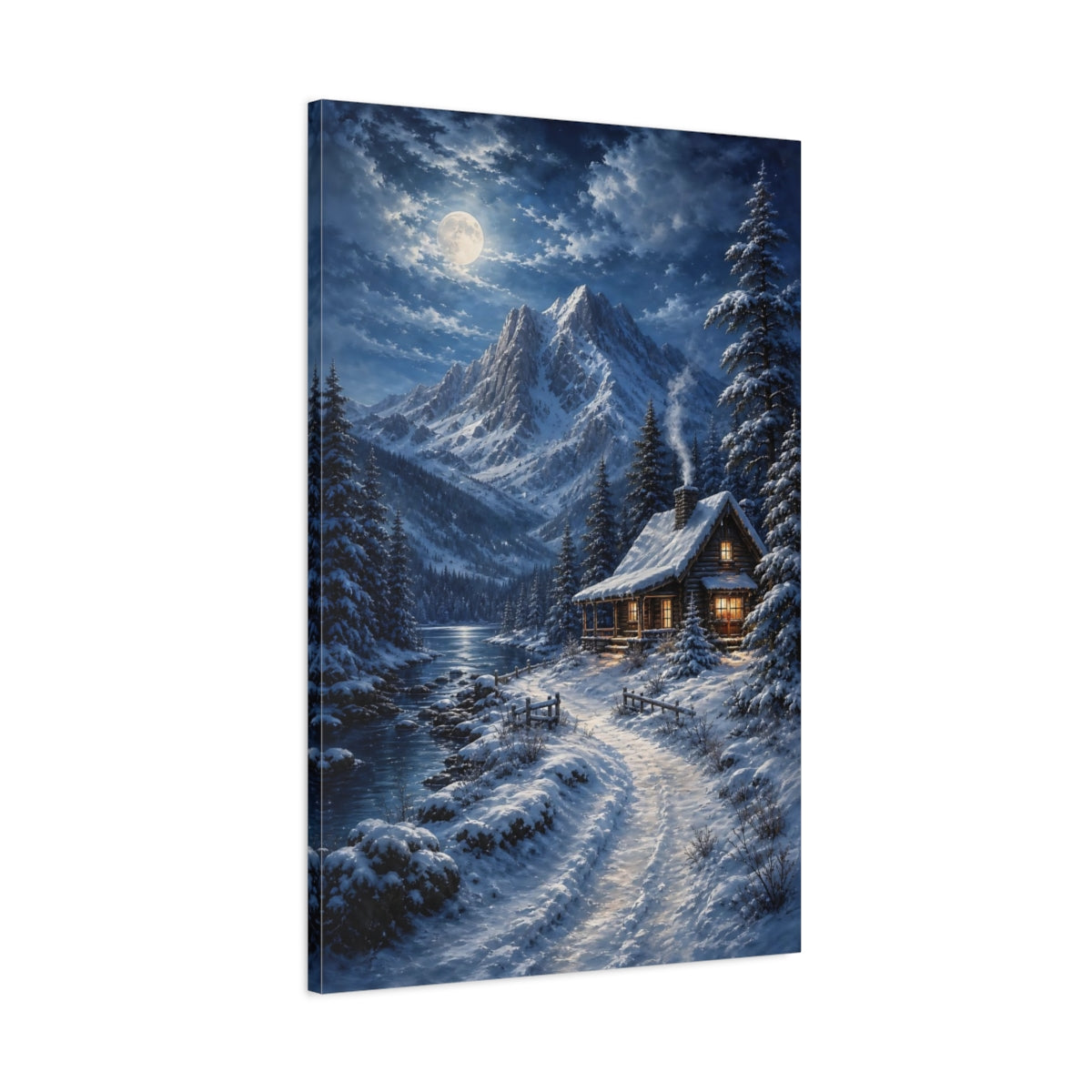 Main Mockup. Nature Winter Cabin Snowy Cabin Moonlight shown as stretched canvas wall art