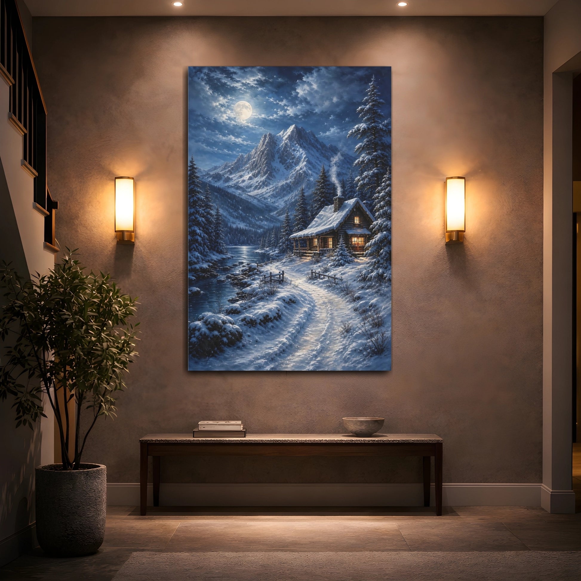 Mockup 2. Nature Winter Cabin Snowy Cabin Moonlight shown as stretched canvas wall art