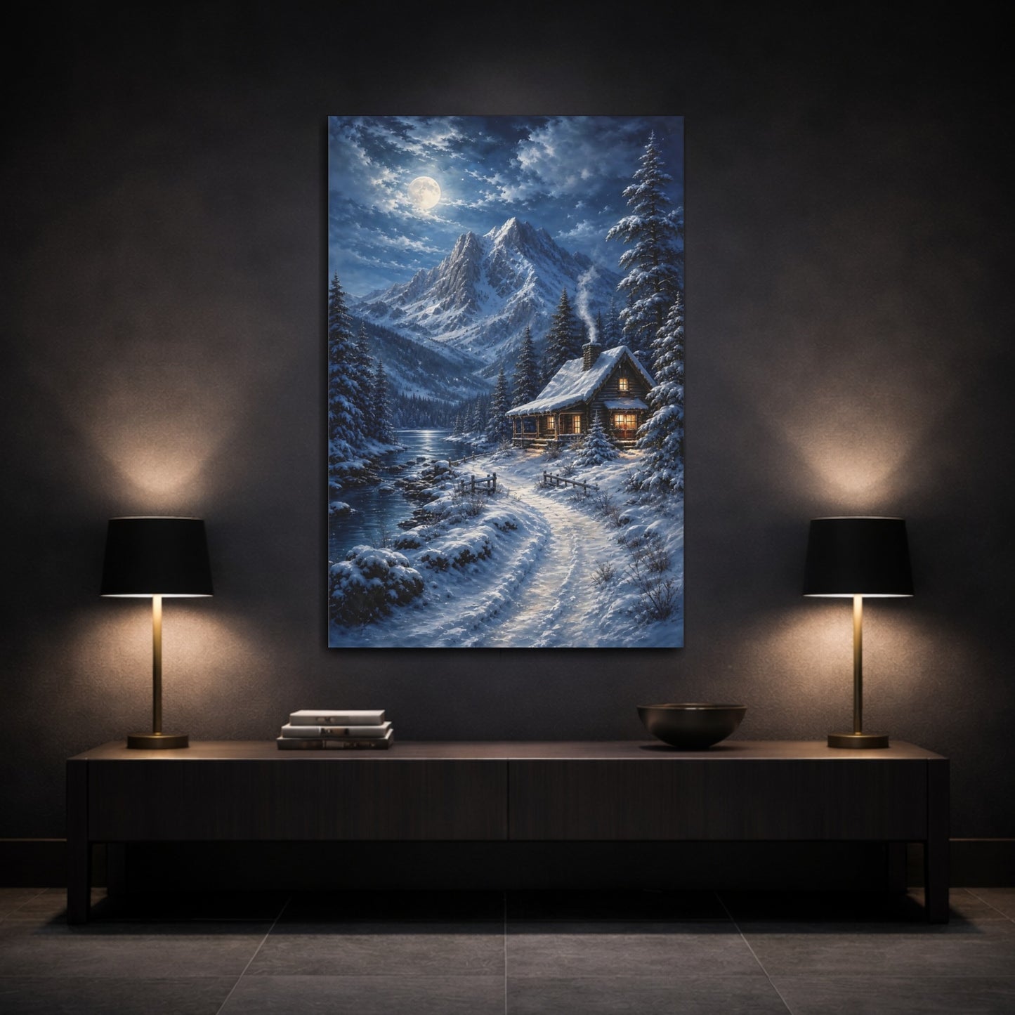 Mockup 3. Nature Winter Cabin Snowy Cabin Moonlight shown as stretched canvas wall art