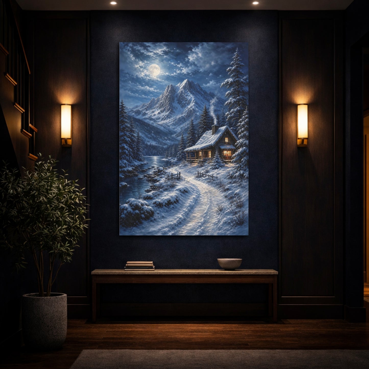 Mockup 4. Nature Winter Cabin Snowy Cabin Moonlight shown as stretched canvas wall art