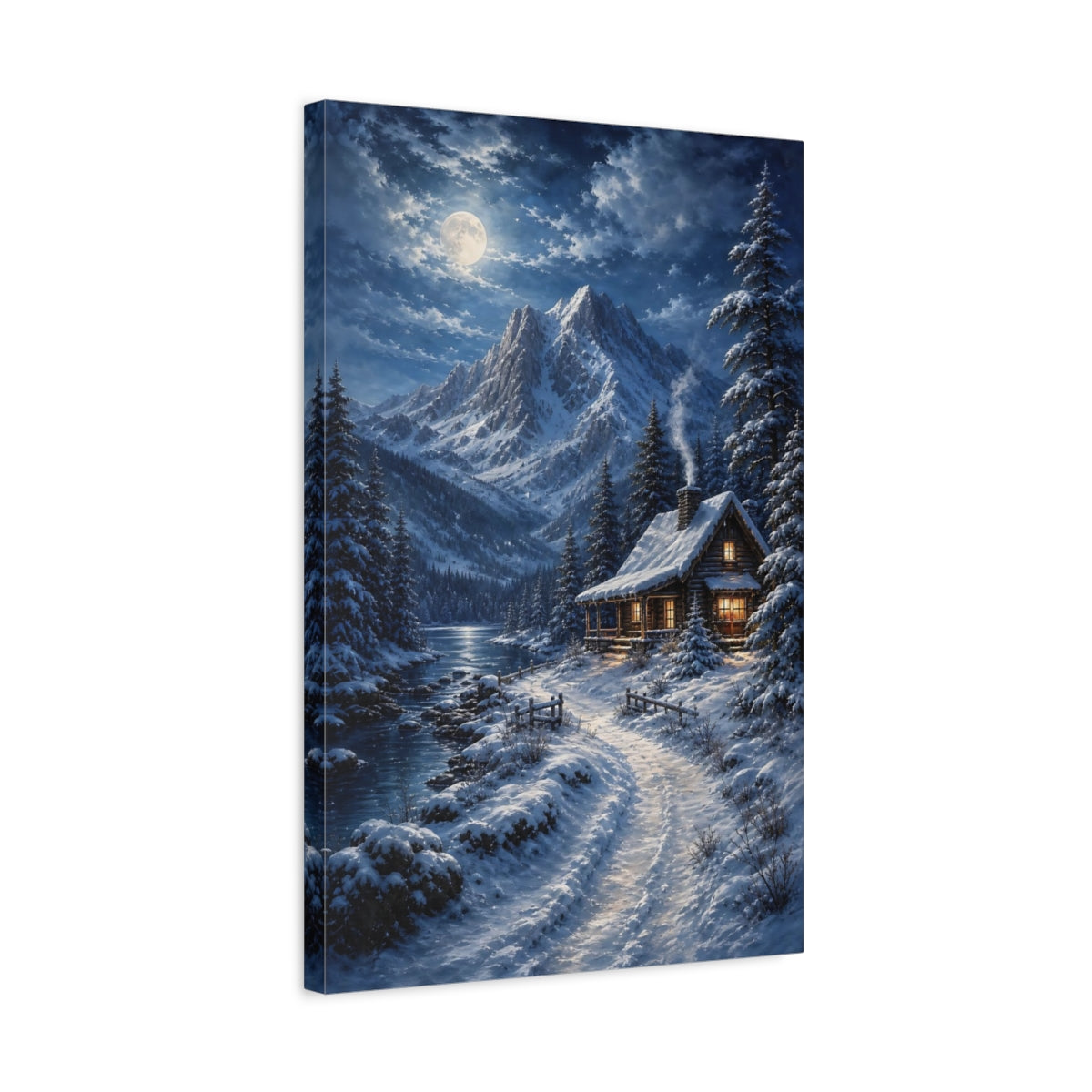 Side Mockup 3. Nature Winter Cabin Snowy Cabin Moonlight shown as stretched canvas wall art