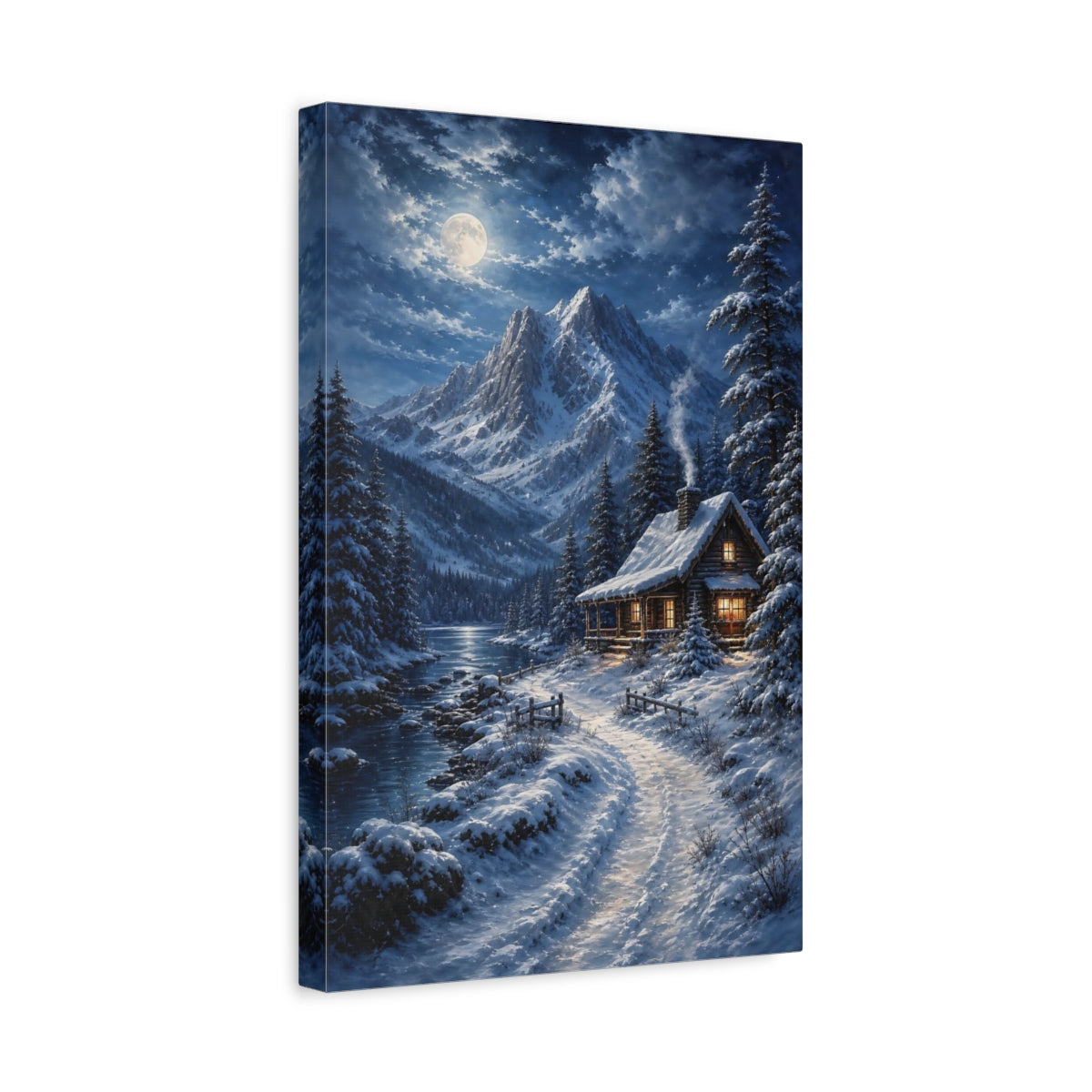 Side Mockup 4. Nature Winter Cabin Snowy Cabin Moonlight shown as stretched canvas wall art