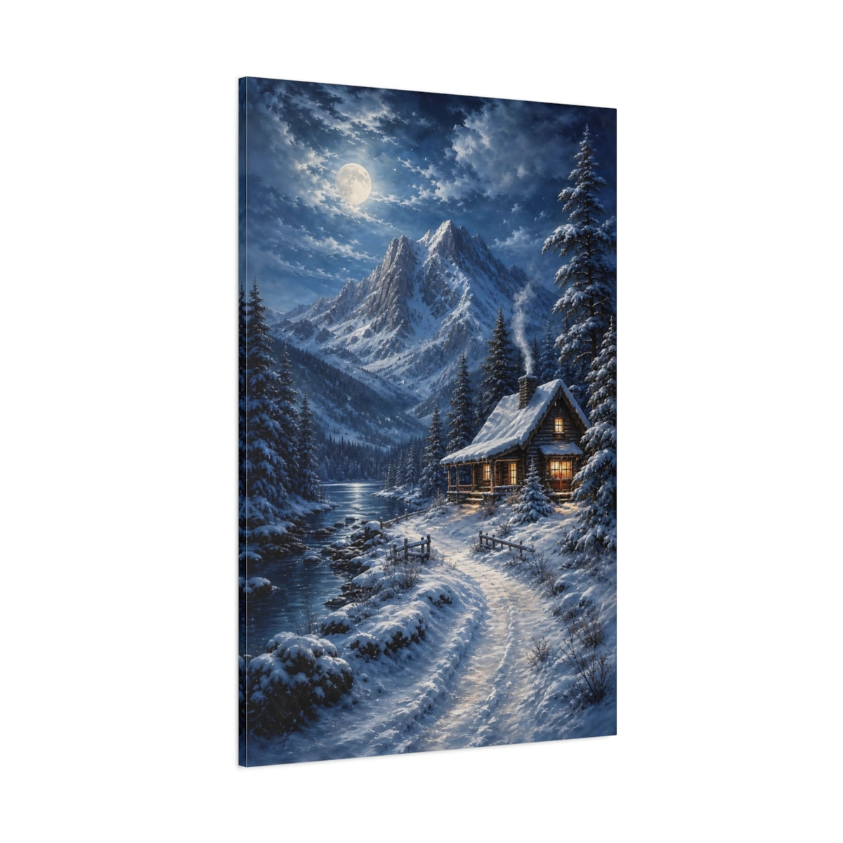 Side Mockup 1. Nature Winter Cabin Snowy Cabin Moonlight shown as stretched canvas wall art