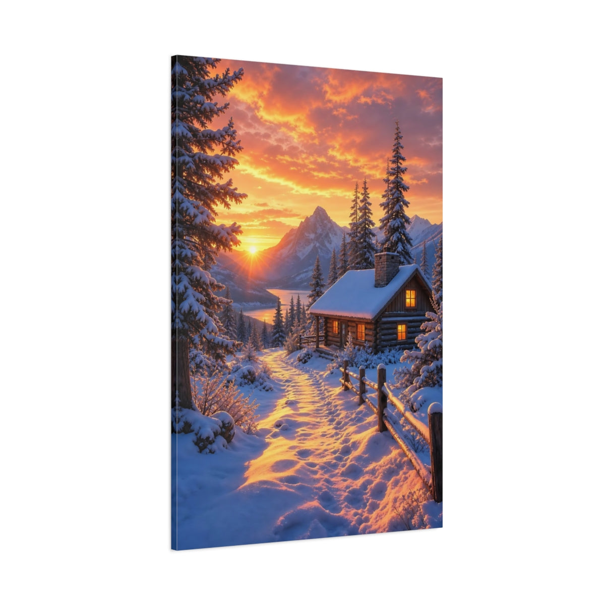 Side Mockup 1. Nature Winter Cabin Winter Sunset shown as stretched canvas wall art