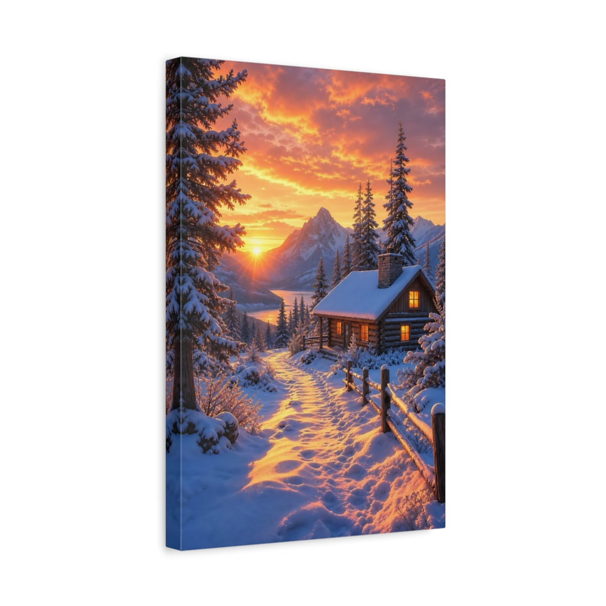 Side Mockup 4. Nature Winter Cabin Winter Sunset shown as stretched canvas wall art