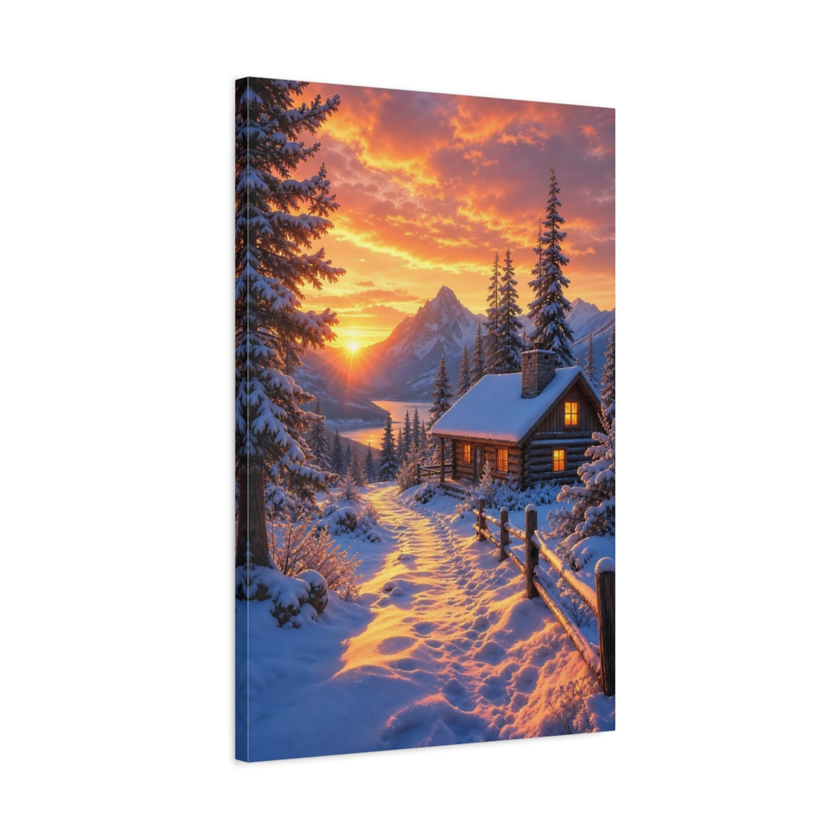 Side Mockup 2. Nature Winter Cabin Winter Sunset shown as stretched canvas wall art