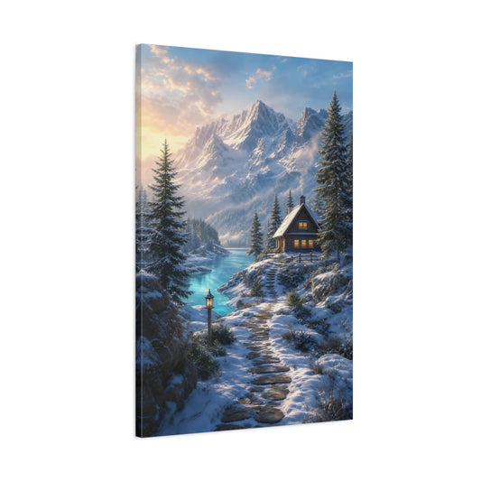 Main Mockup. Nature Winter Cabin Winter Blue shown as stretched canvas wall art