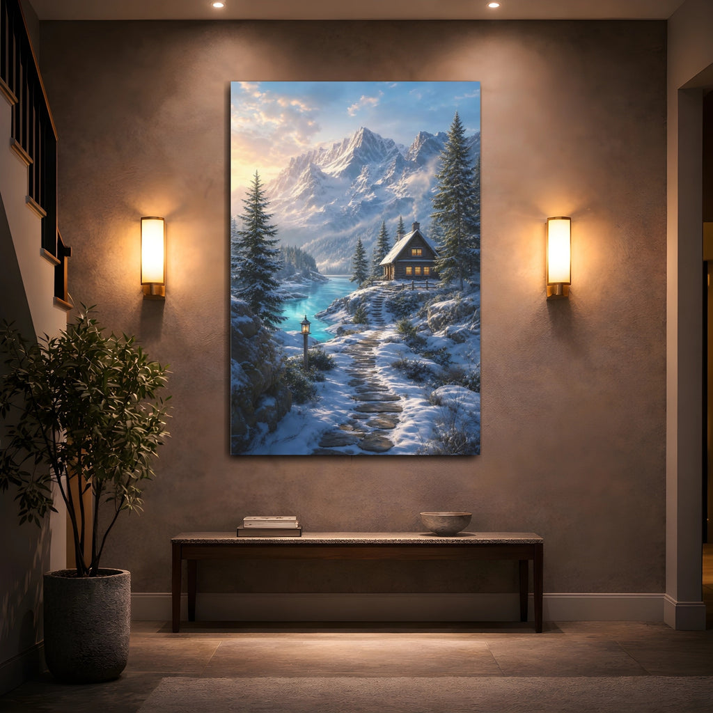 Mockup 2. Nature Winter Cabin Winter Blue shown as stretched canvas wall art