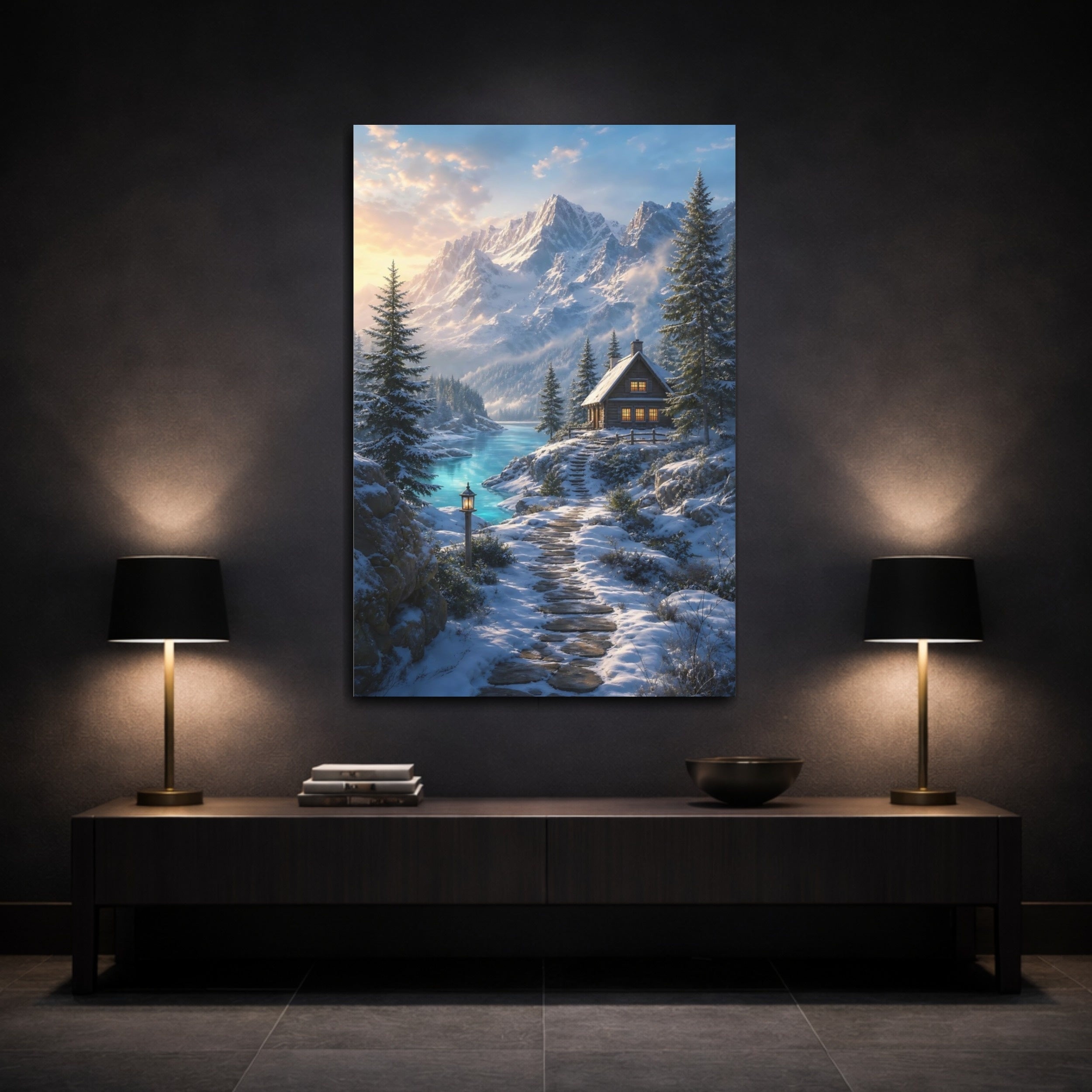 Mockup 3. Nature Winter Cabin Winter Blue shown as stretched canvas wall art