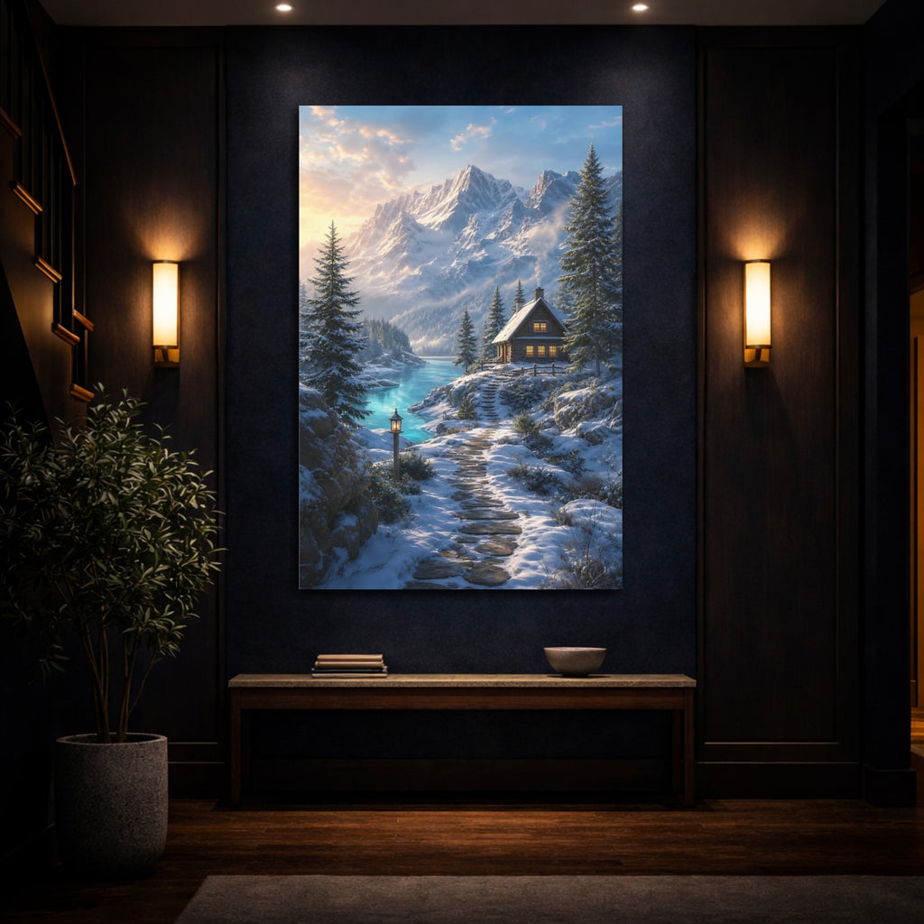 Mockup 4. Nature Winter Cabin Winter Blue shown as stretched canvas wall art