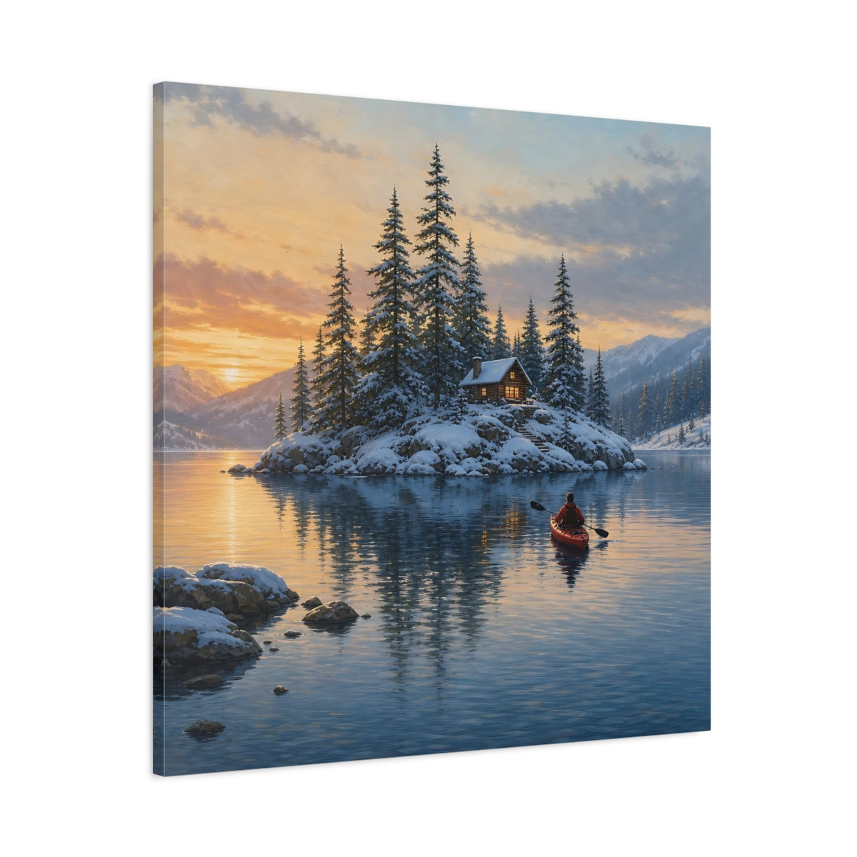 Main Mockup. Nature Winter Cabin Winter Landscape shown as stretched canvas wall art