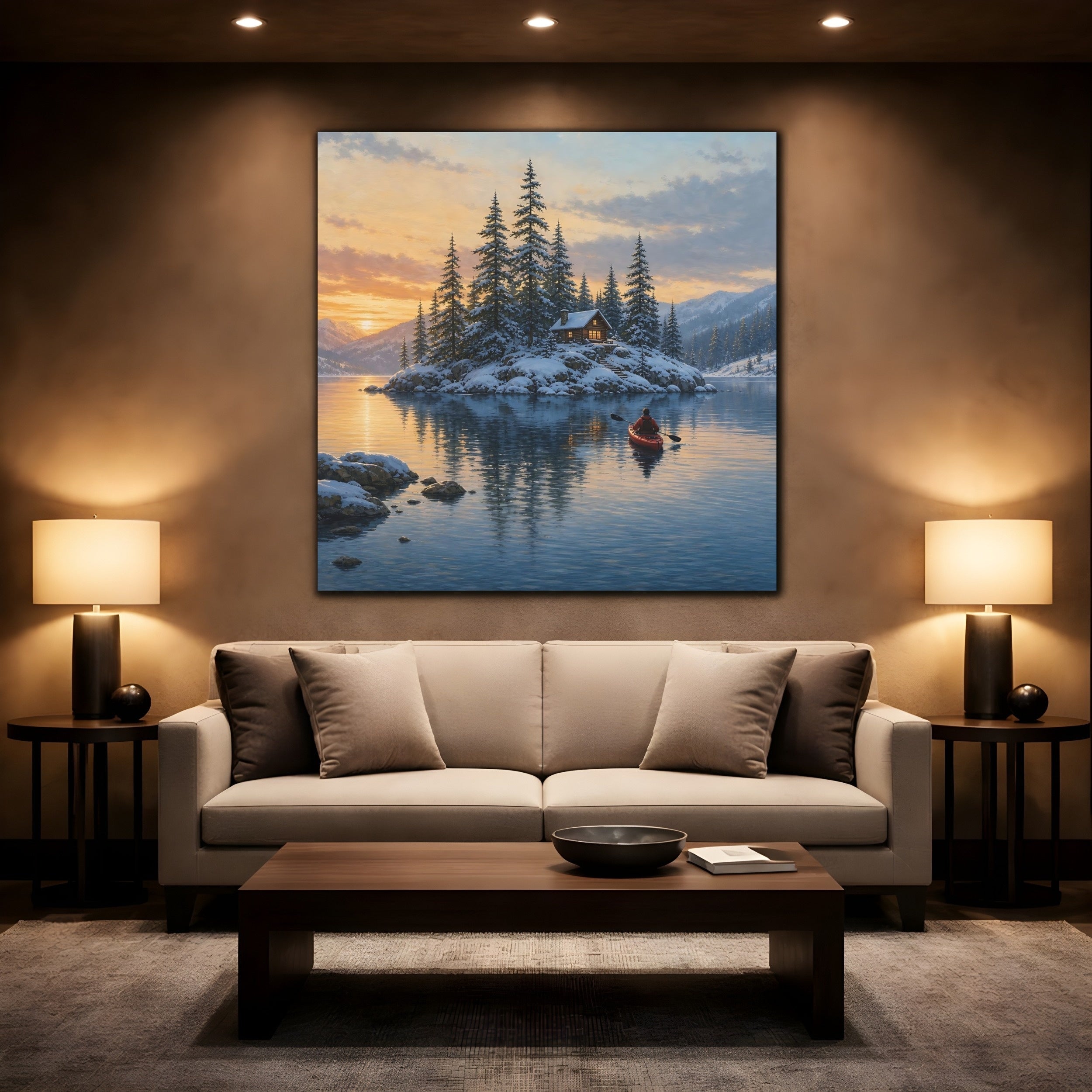 Mockup 2. Nature Winter Cabin Winter Landscape shown as stretched canvas wall art