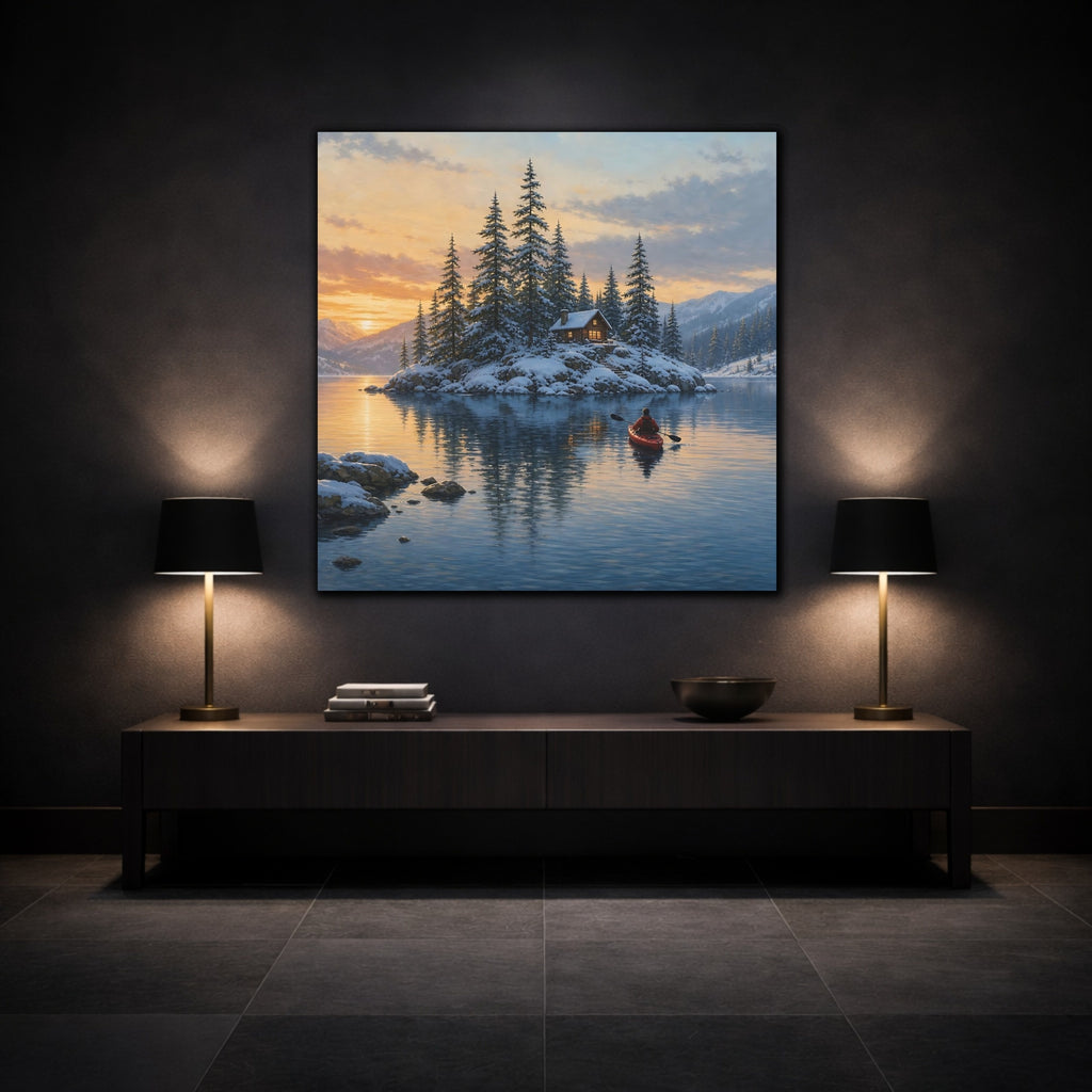 Mockup 3. Nature Winter Cabin Winter Landscape shown as stretched canvas wall art