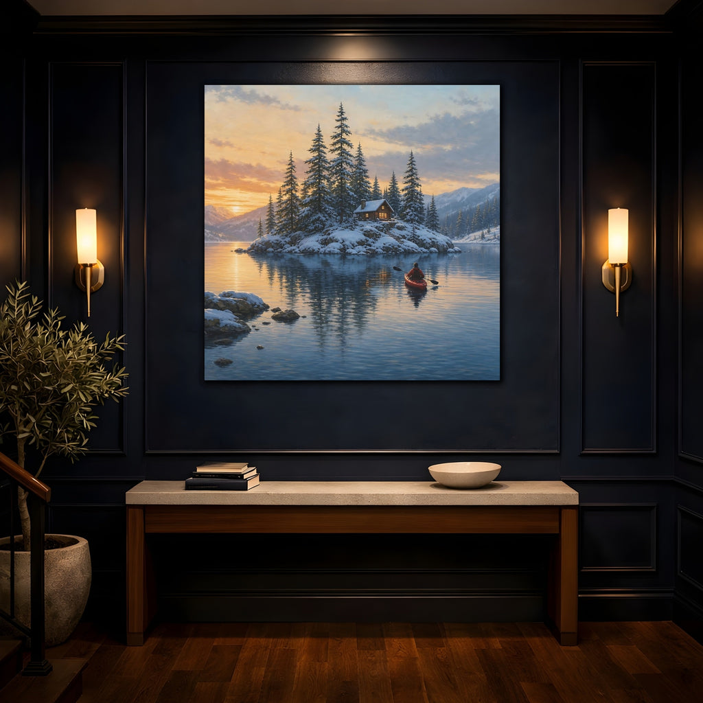 Mockup 4. Nature Winter Cabin Winter Landscape shown as stretched canvas wall art