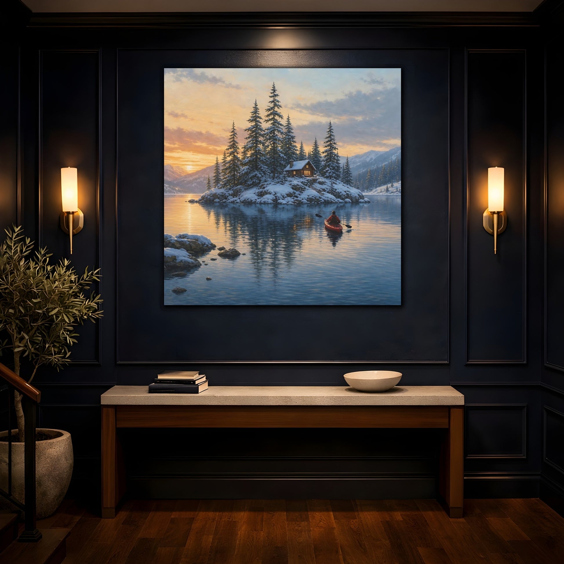 Mockup 4. Nature Winter Cabin Winter Landscape shown as stretched canvas wall art