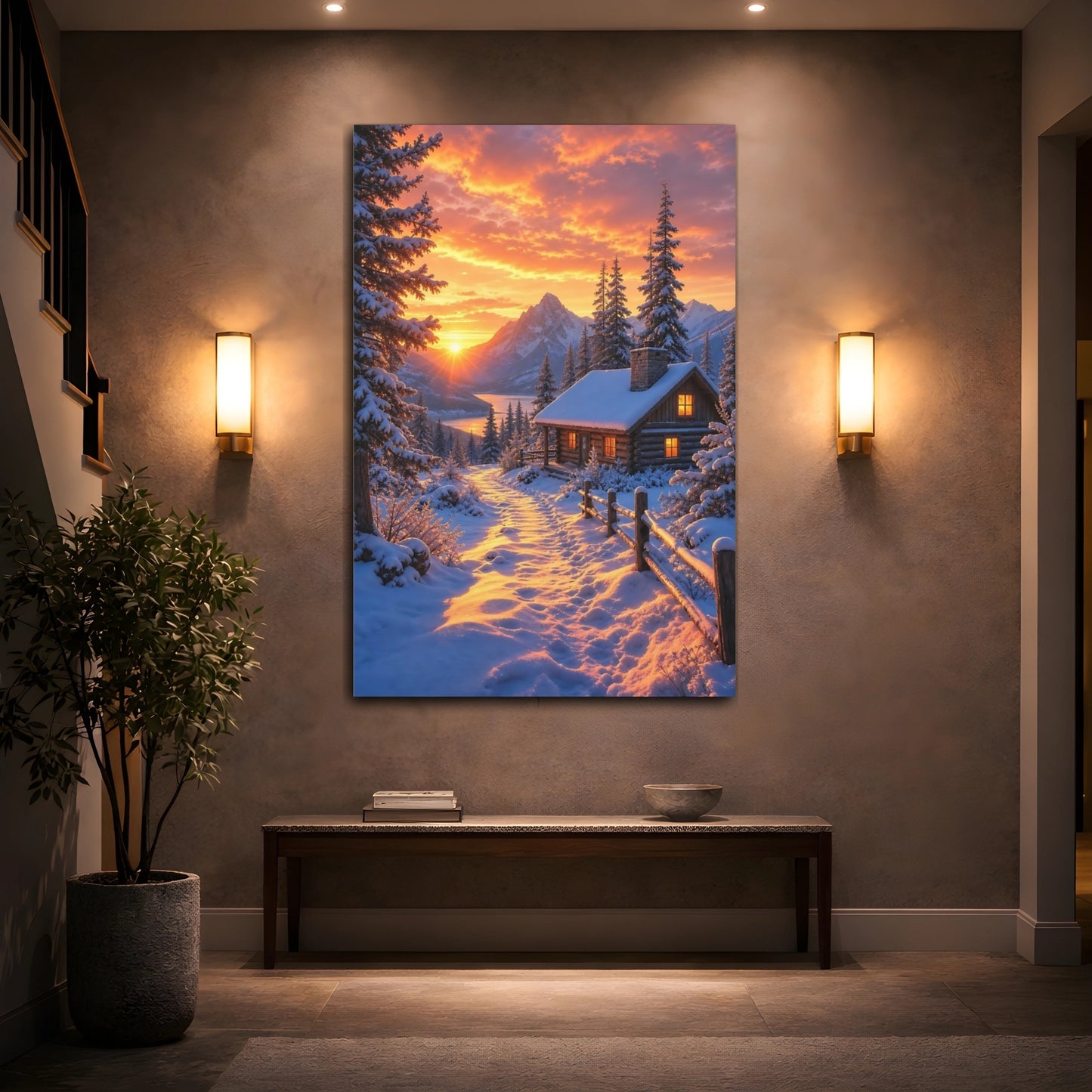 Mockup 2. Nature Winter Cabin Winter Sunset shown as stretched canvas wall art