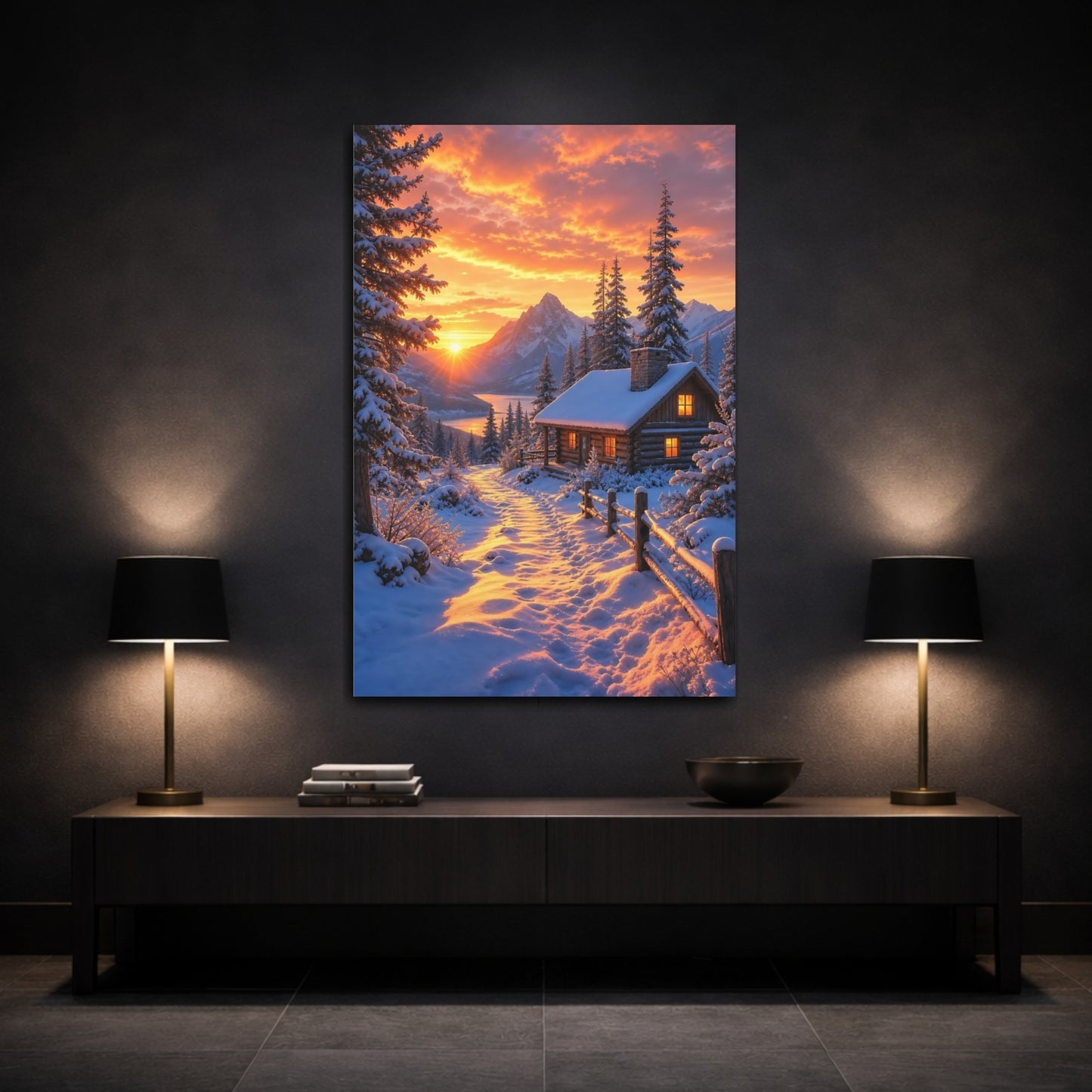 Mockup 3. Nature Winter Cabin Winter Sunset shown as stretched canvas wall art