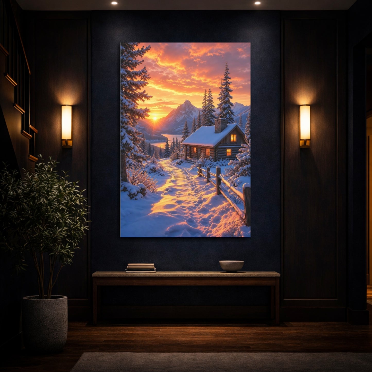 Mockup 4. Nature Winter Cabin Winter Sunset shown as stretched canvas wall art