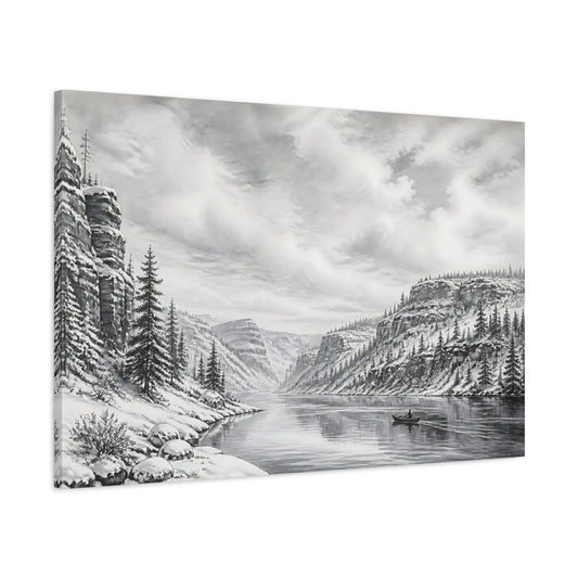 Main Mockup. Nature Winter Canyon Monochrome Landscape shown as stretched canvas wall art