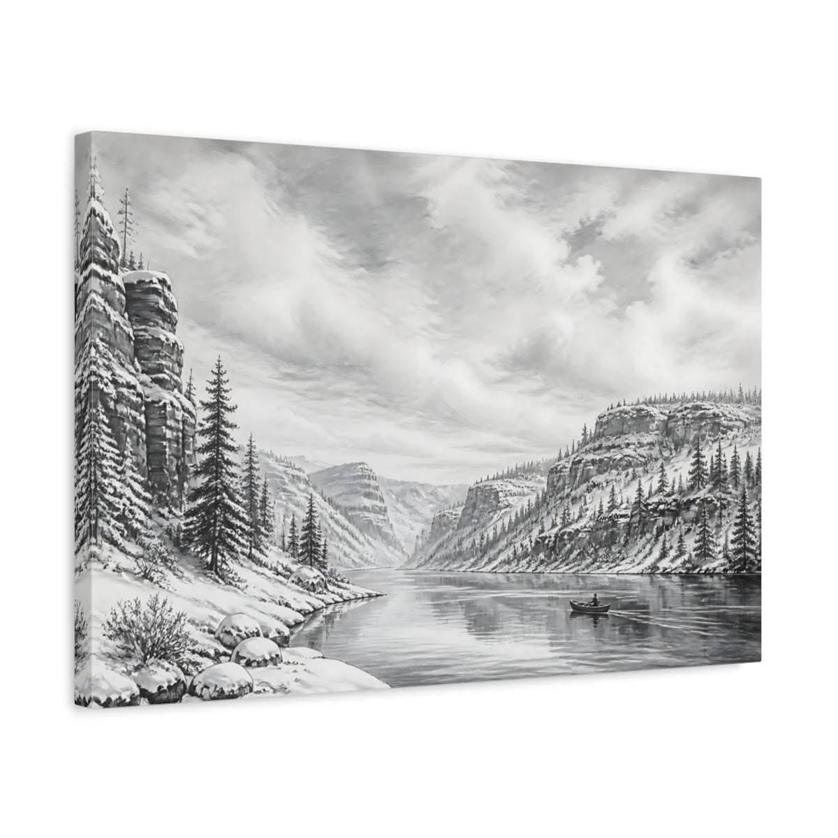 Side Mockup 3. Nature Winter Canyon Monochrome Landscape shown as stretched canvas wall art