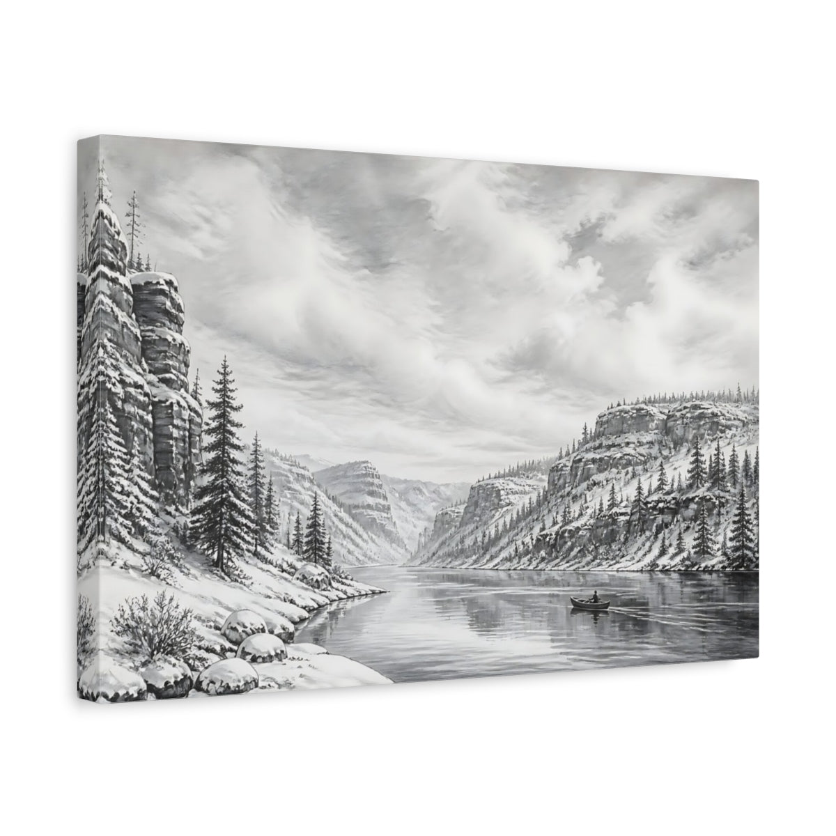 Side Mockup 4. Nature Winter Canyon Monochrome Landscape shown as stretched canvas wall art