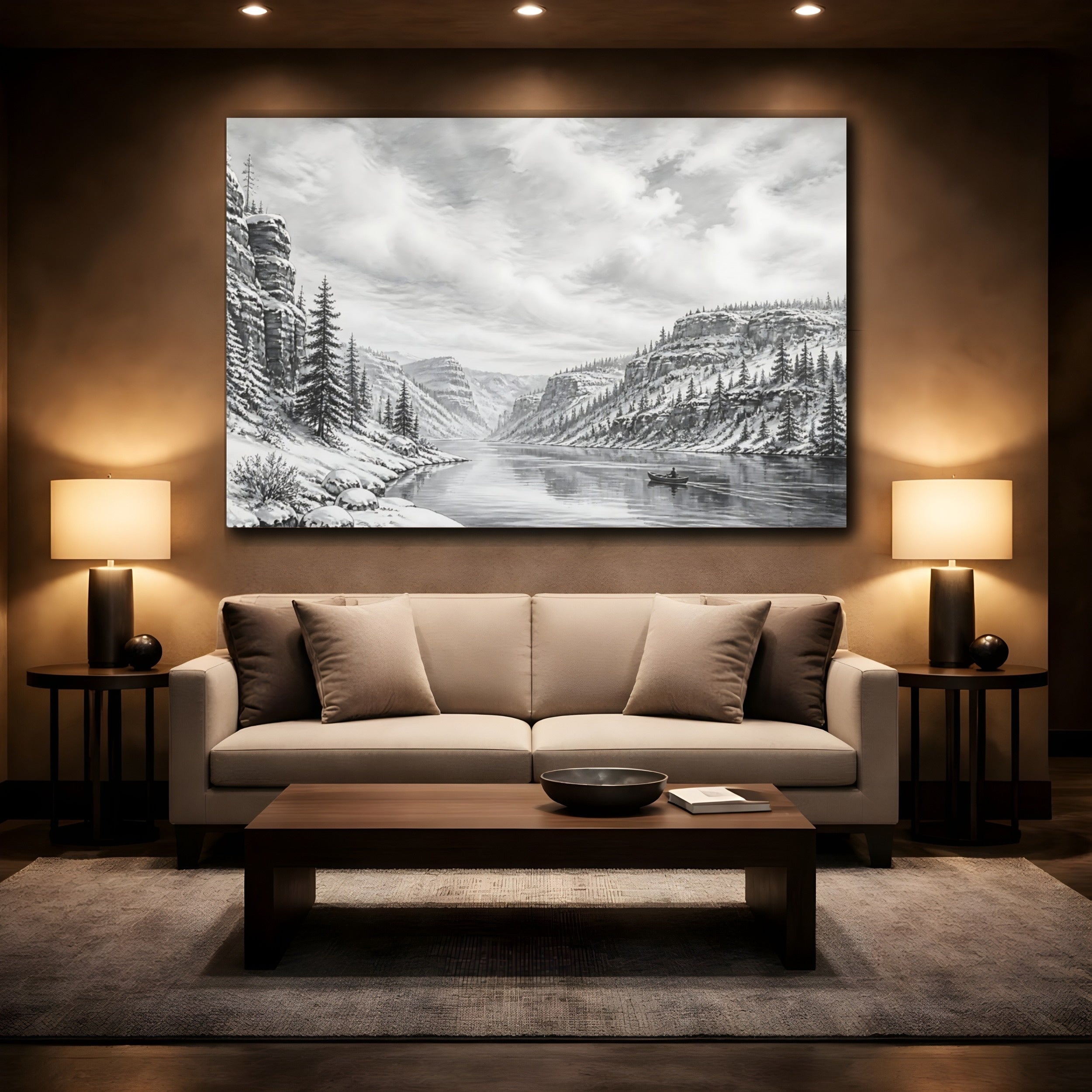 Mockup 2. Nature Winter Canyon Monochrome Landscape shown as stretched canvas wall art