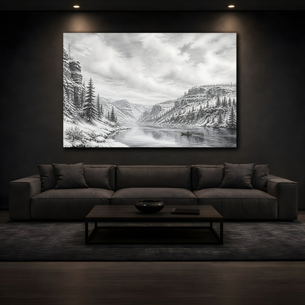 Mockup 3. Nature Winter Canyon Monochrome Landscape shown as stretched canvas wall art