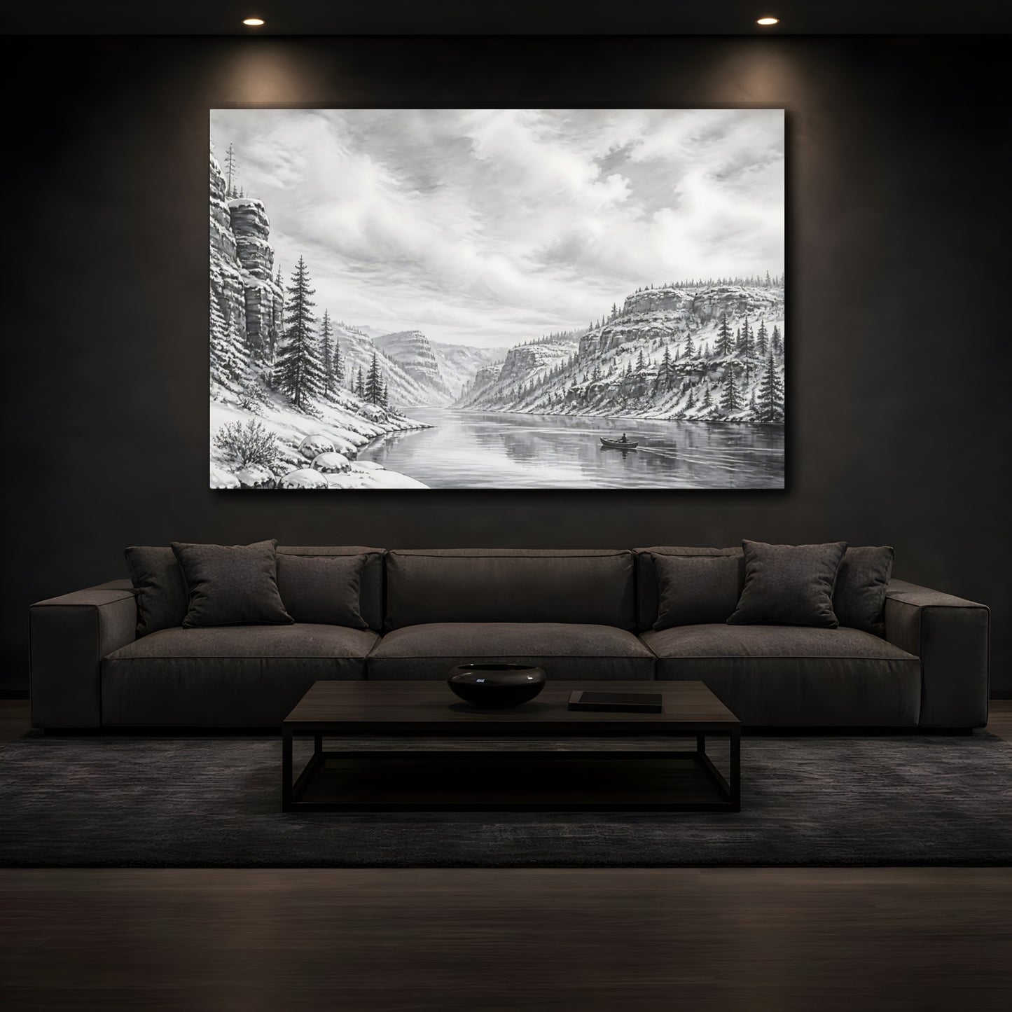 Mockup 3. Nature Winter Canyon Monochrome Landscape shown as stretched canvas wall art