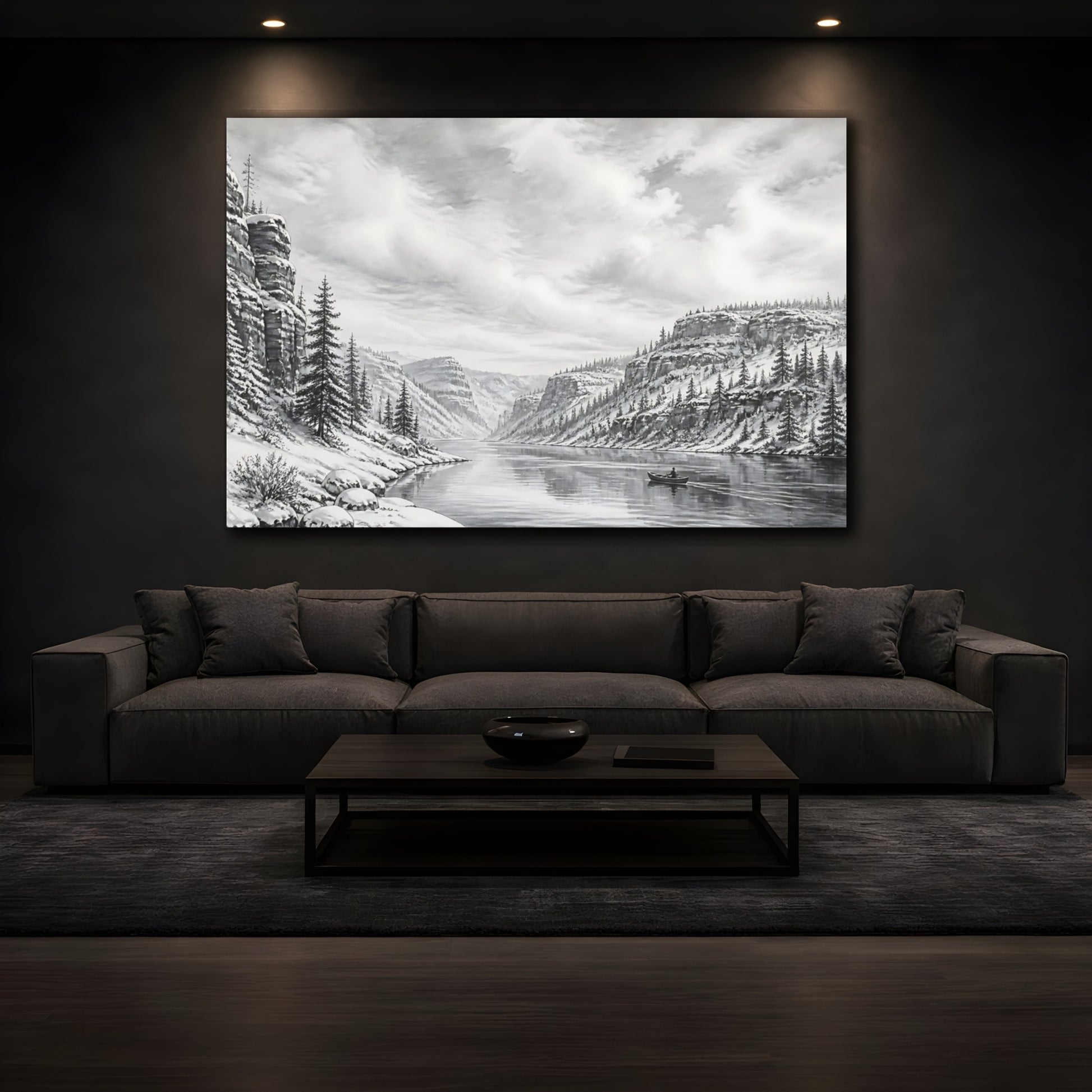 Mockup 3. Nature Winter Canyon Monochrome Landscape shown as stretched canvas wall art