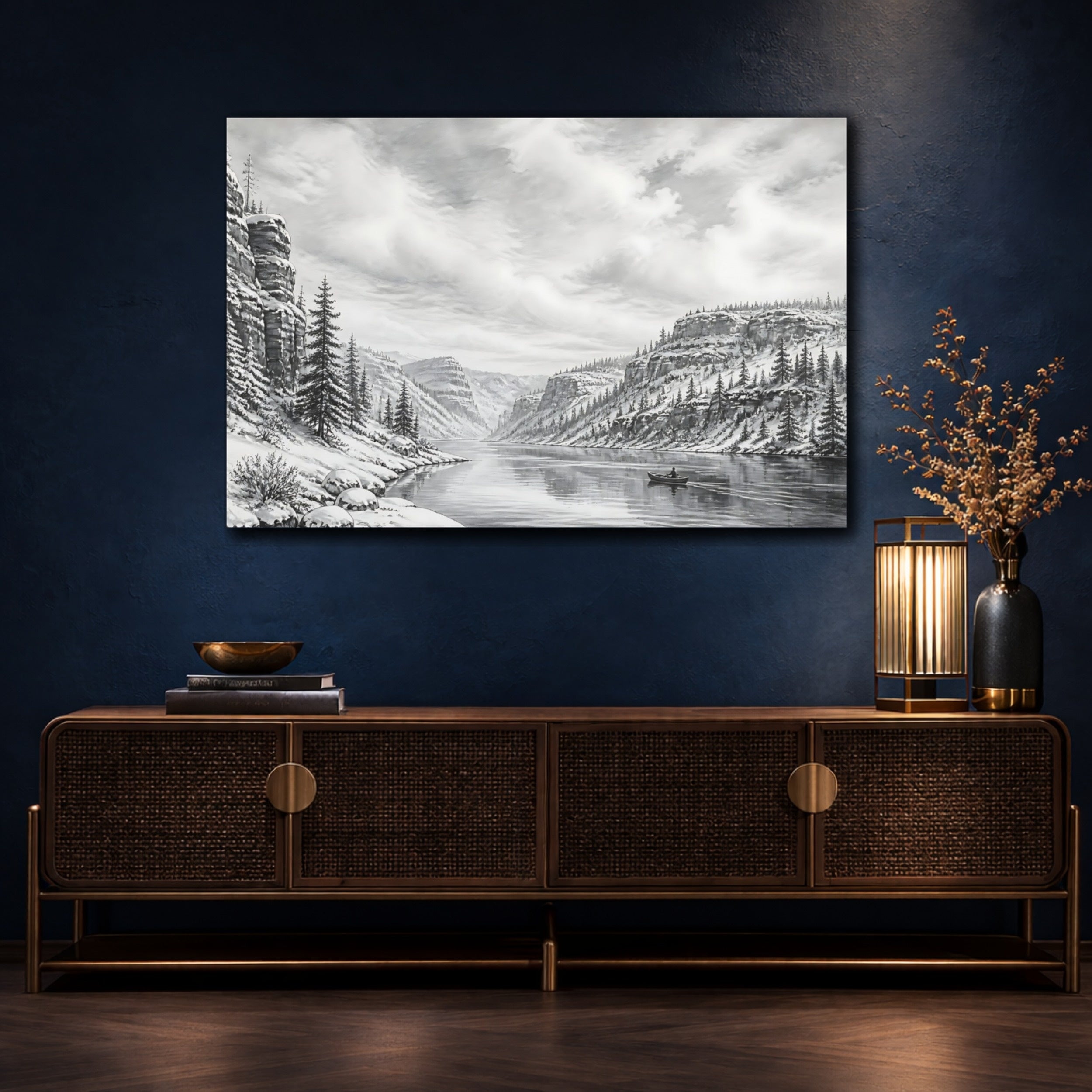Mockup 4. Nature Winter Canyon Monochrome Landscape shown as stretched canvas wall art