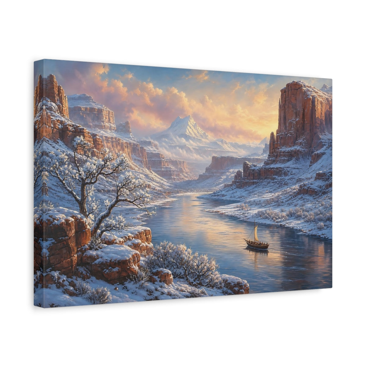 Side Mockup 4. Nature Winter Canyon Winter Canyon Scene shown as stretched canvas wall art