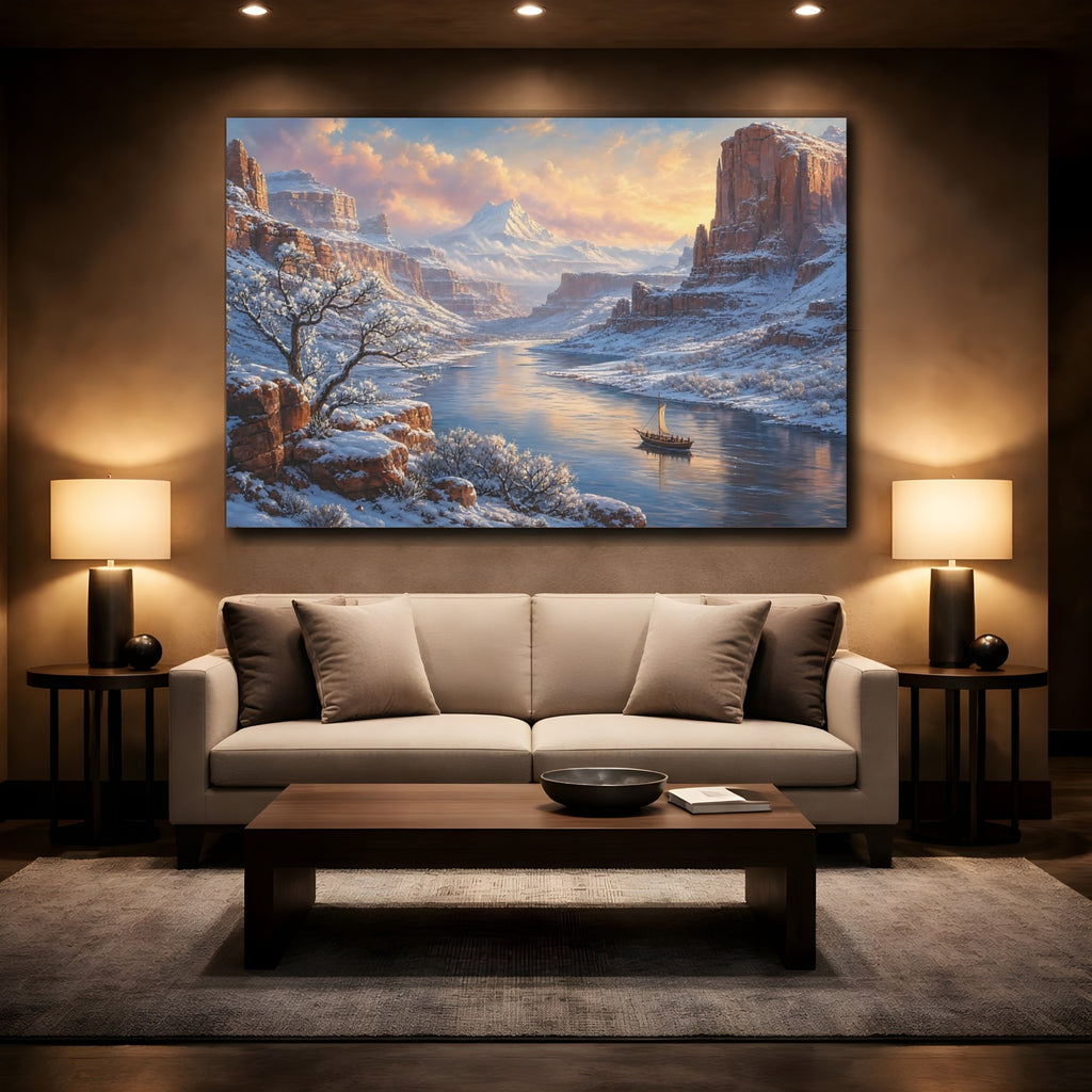 Mockup 2. Nature Winter Canyon Winter Canyon Scene shown as stretched canvas wall art