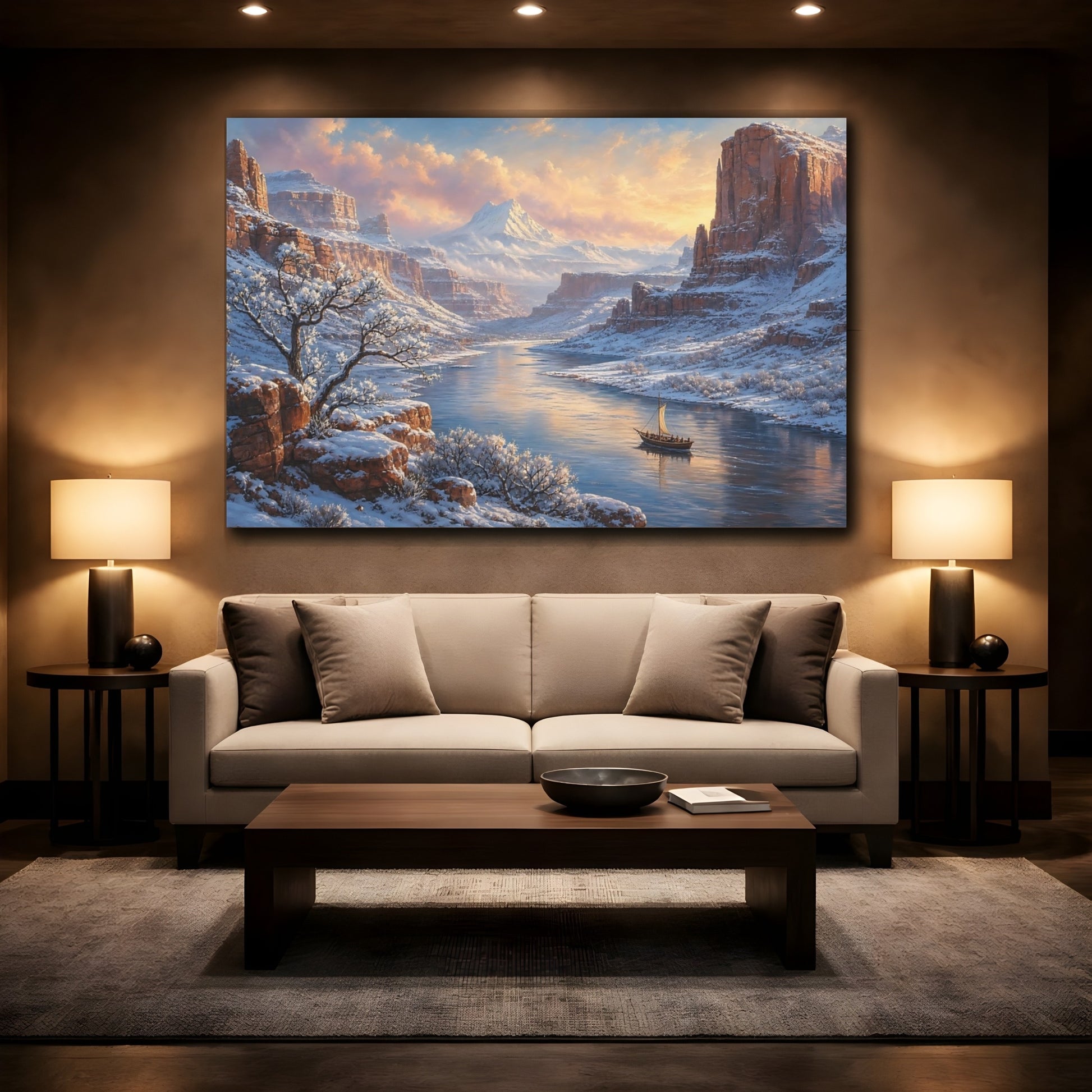 Mockup 2. Nature Winter Canyon Winter Canyon Scene shown as stretched canvas wall art