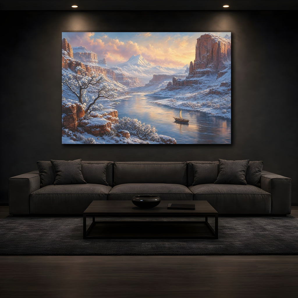 Mockup 3. Nature Winter Canyon Winter Canyon Scene shown as stretched canvas wall art