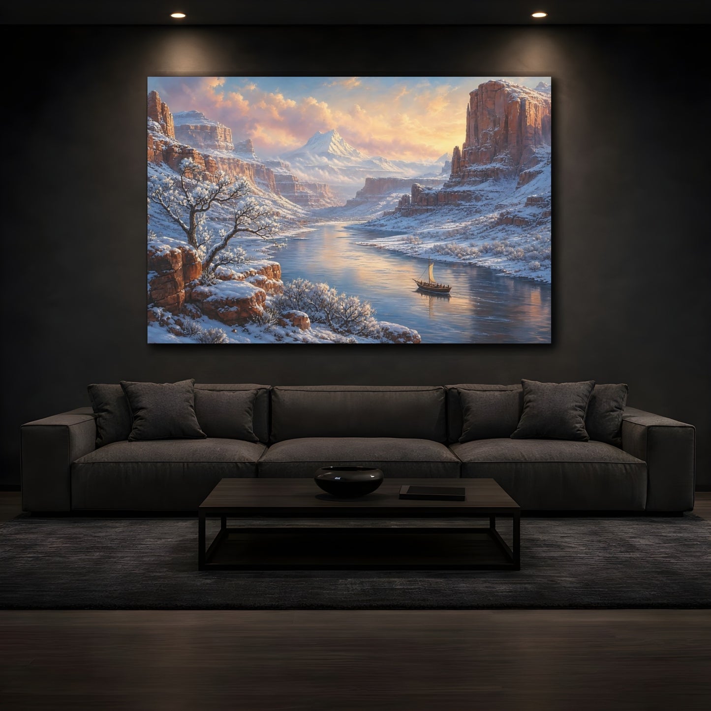 Mockup 3. Nature Winter Canyon Winter Canyon Scene shown as stretched canvas wall art