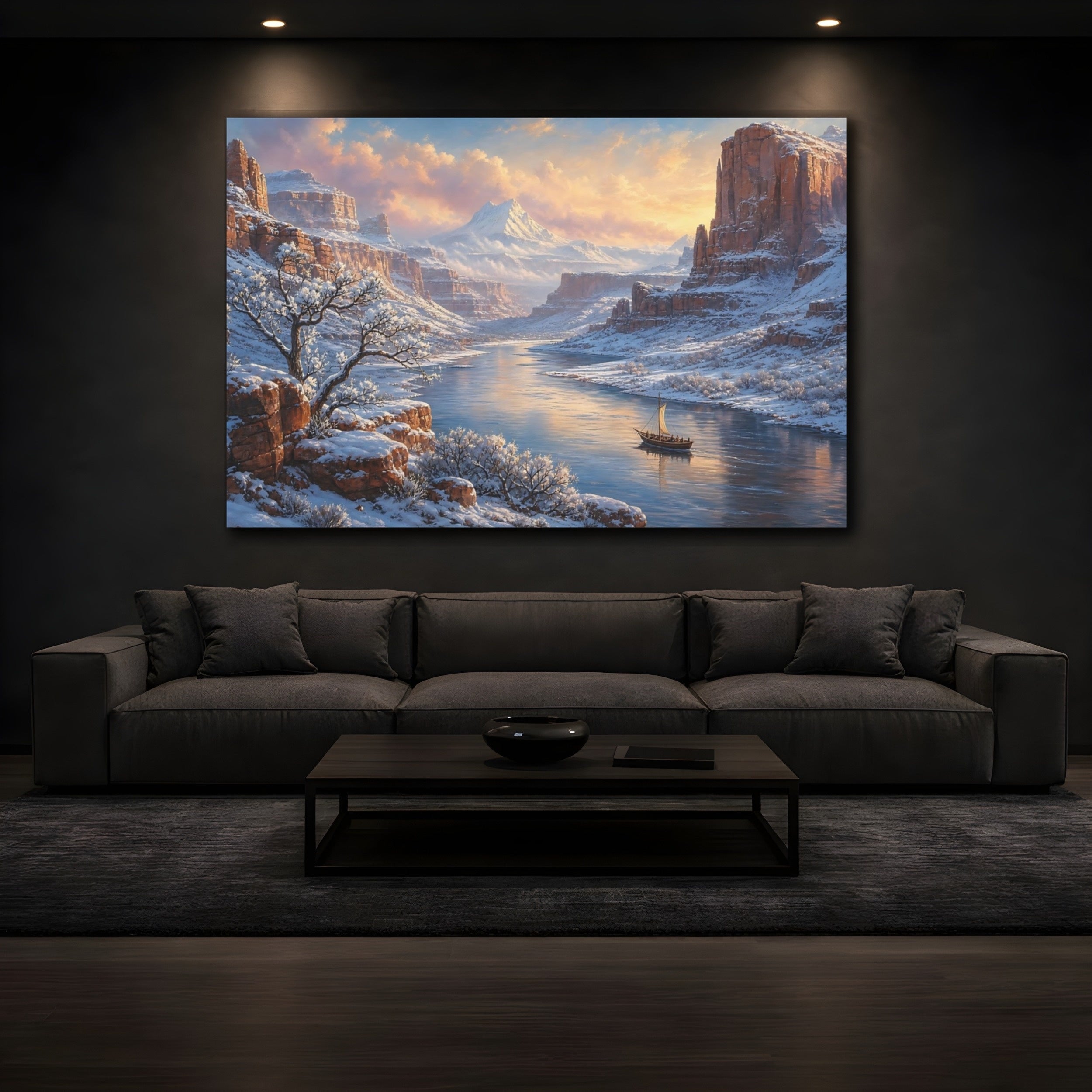 Mockup 3. Nature Winter Canyon Winter Canyon Scene shown as stretched canvas wall art