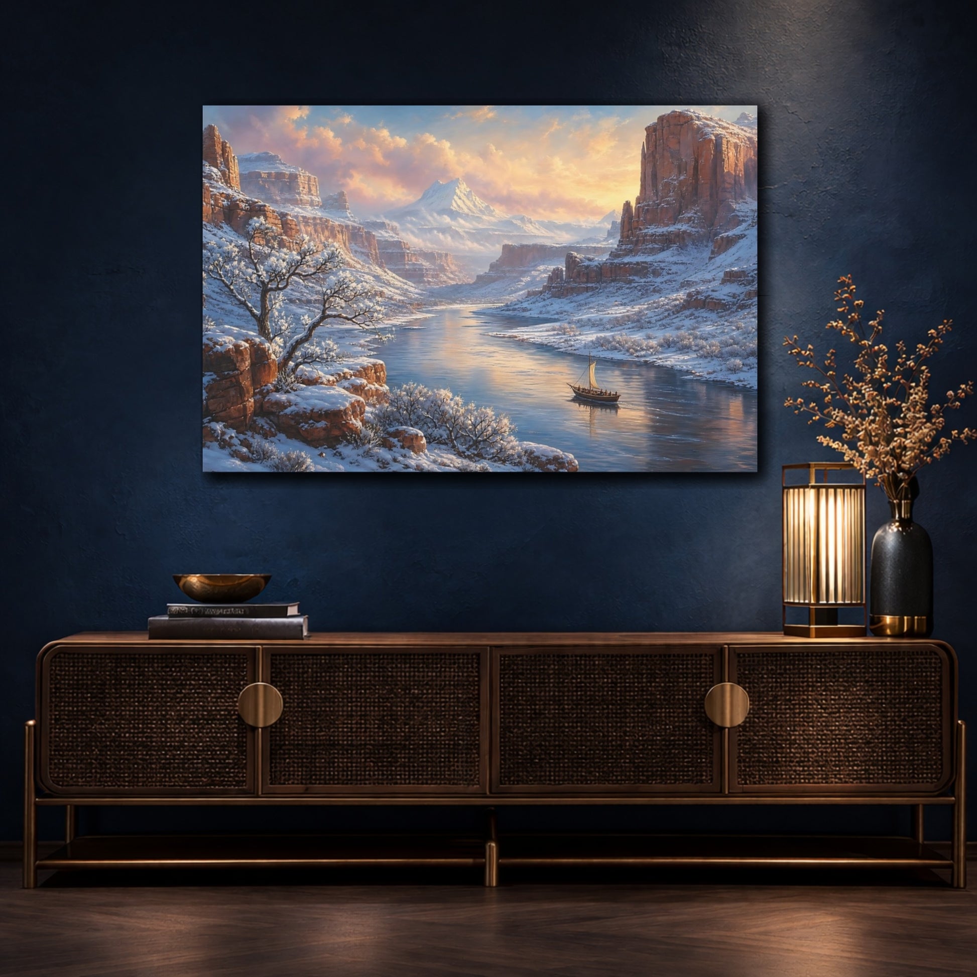 Mockup 4. Nature Winter Canyon Winter Canyon Scene shown as stretched canvas wall art