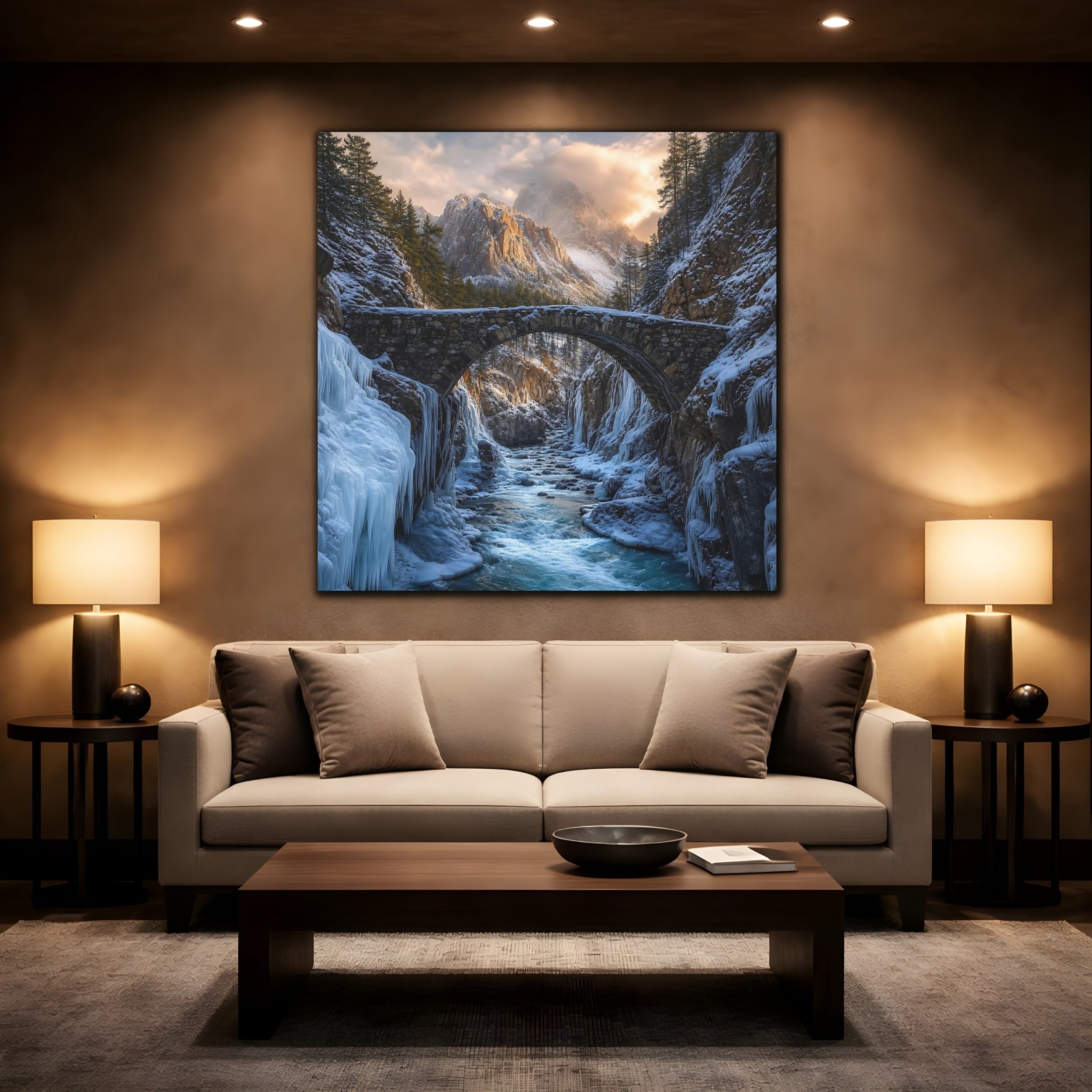 Mockup 2. Nature Winter Canyon Winter Landscape shown as stretched canvas wall art