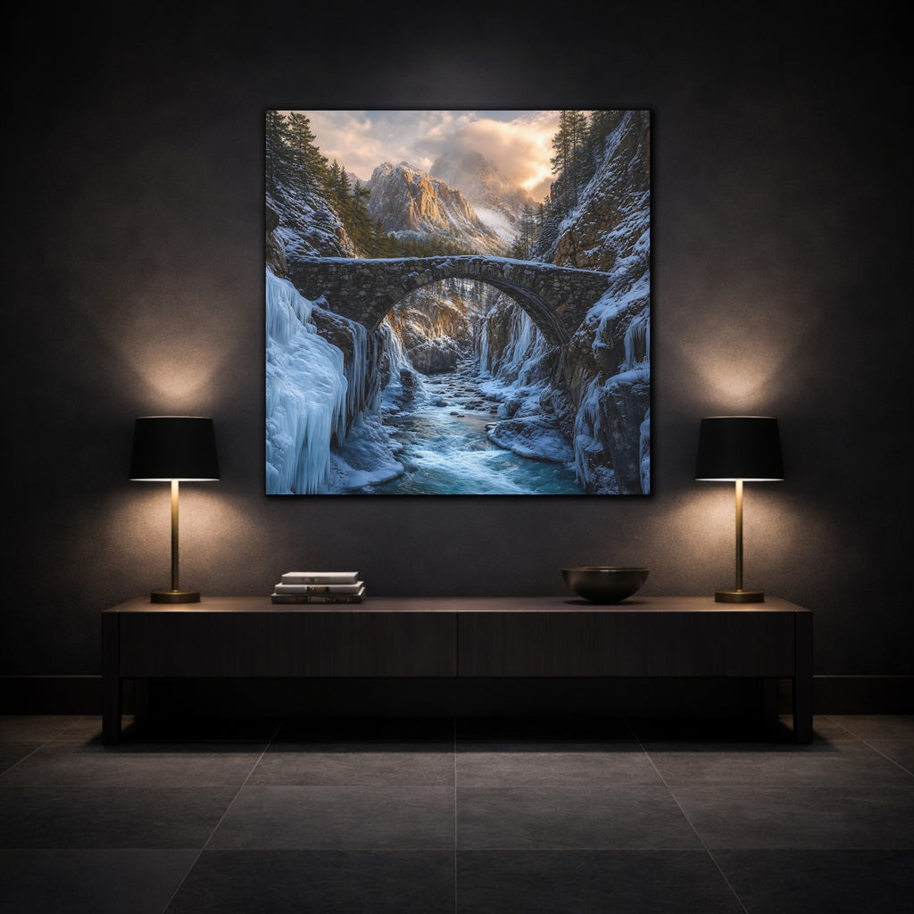 Mockup 3. Nature Winter Canyon Winter Landscape shown as stretched canvas wall art